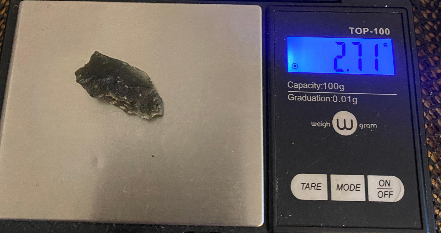 Moldavite Tektite Specimen, 2.71 grams, with Display Case