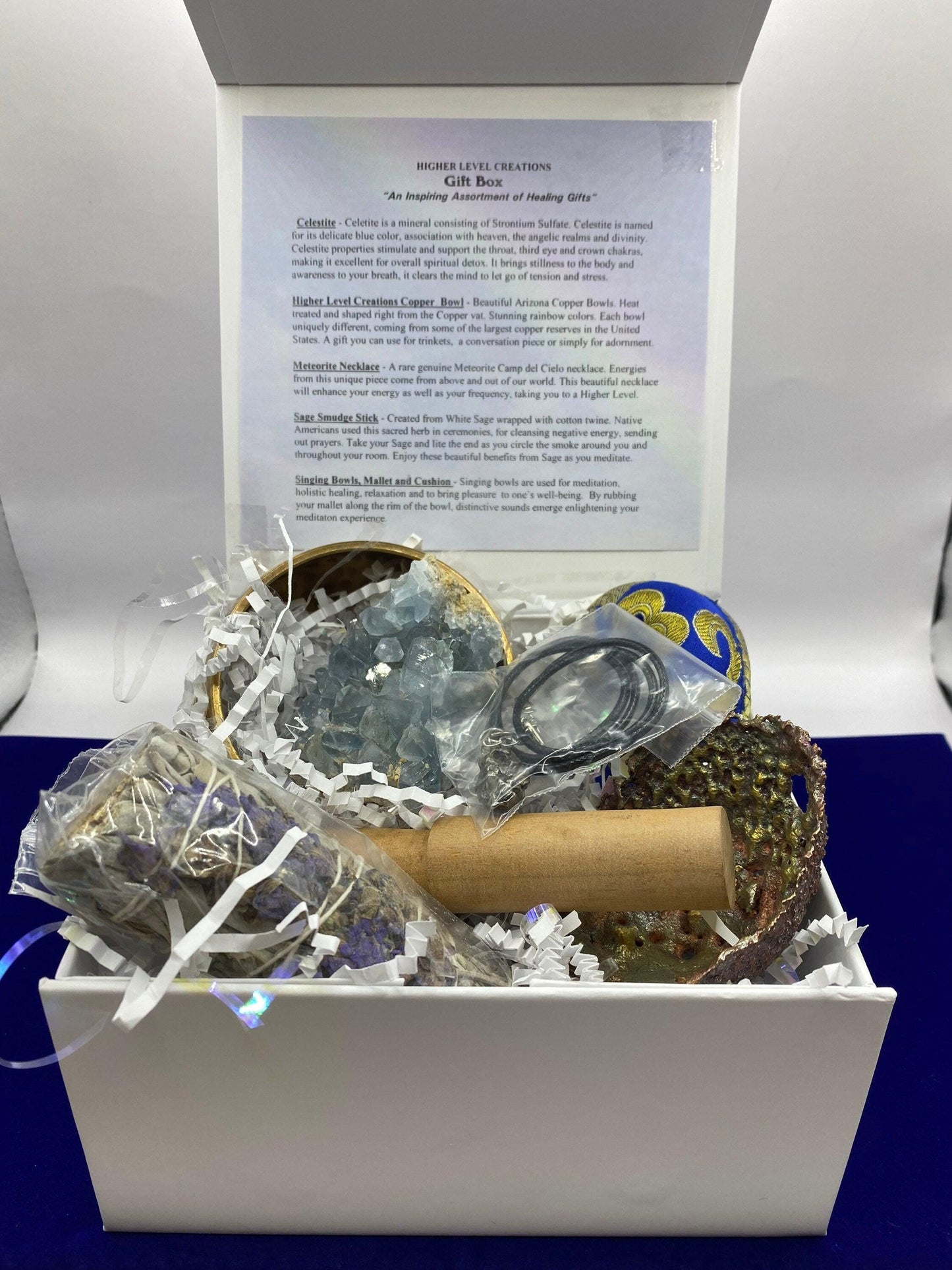 Higher Level Creations Gift Box, Meditation, Meteorite, Copper Bowl, Sage, Celestite Transformation, Pre-made Gift Box, 1 lb 12.5 ounces
