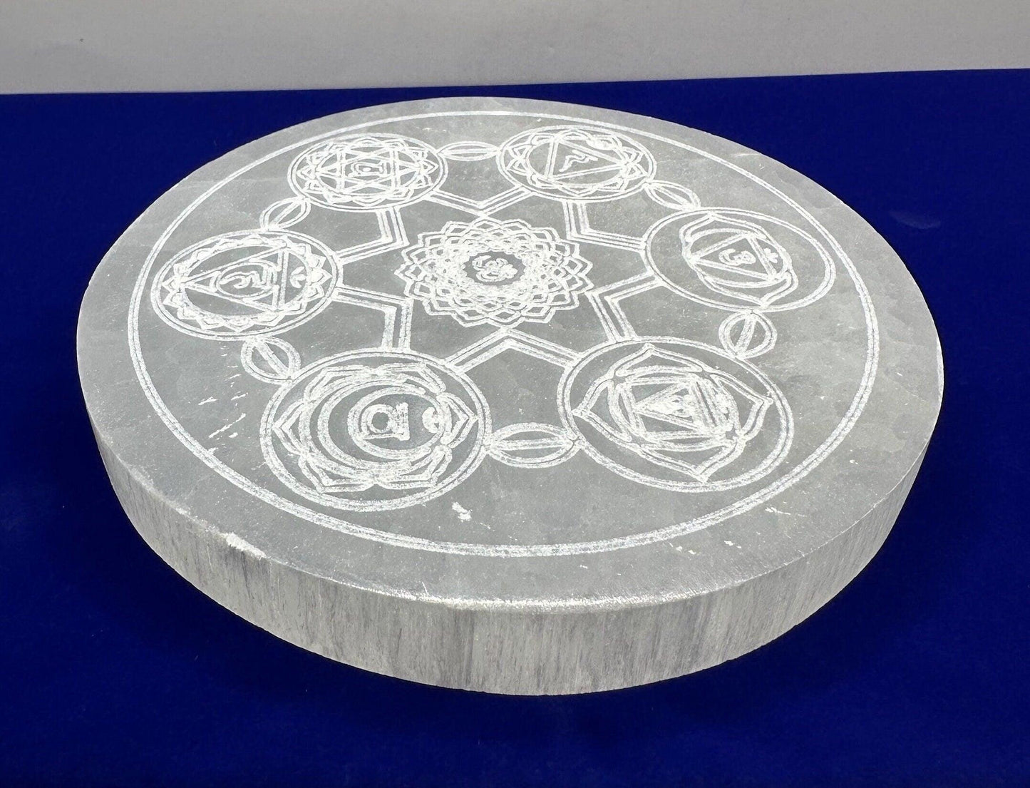Selenite Seven Chakra Charging Plate, Crystal Grid Work, Energy Healing, Reiki, Flower of Life, smooth surfaces, 1 lb 4.9 ounces