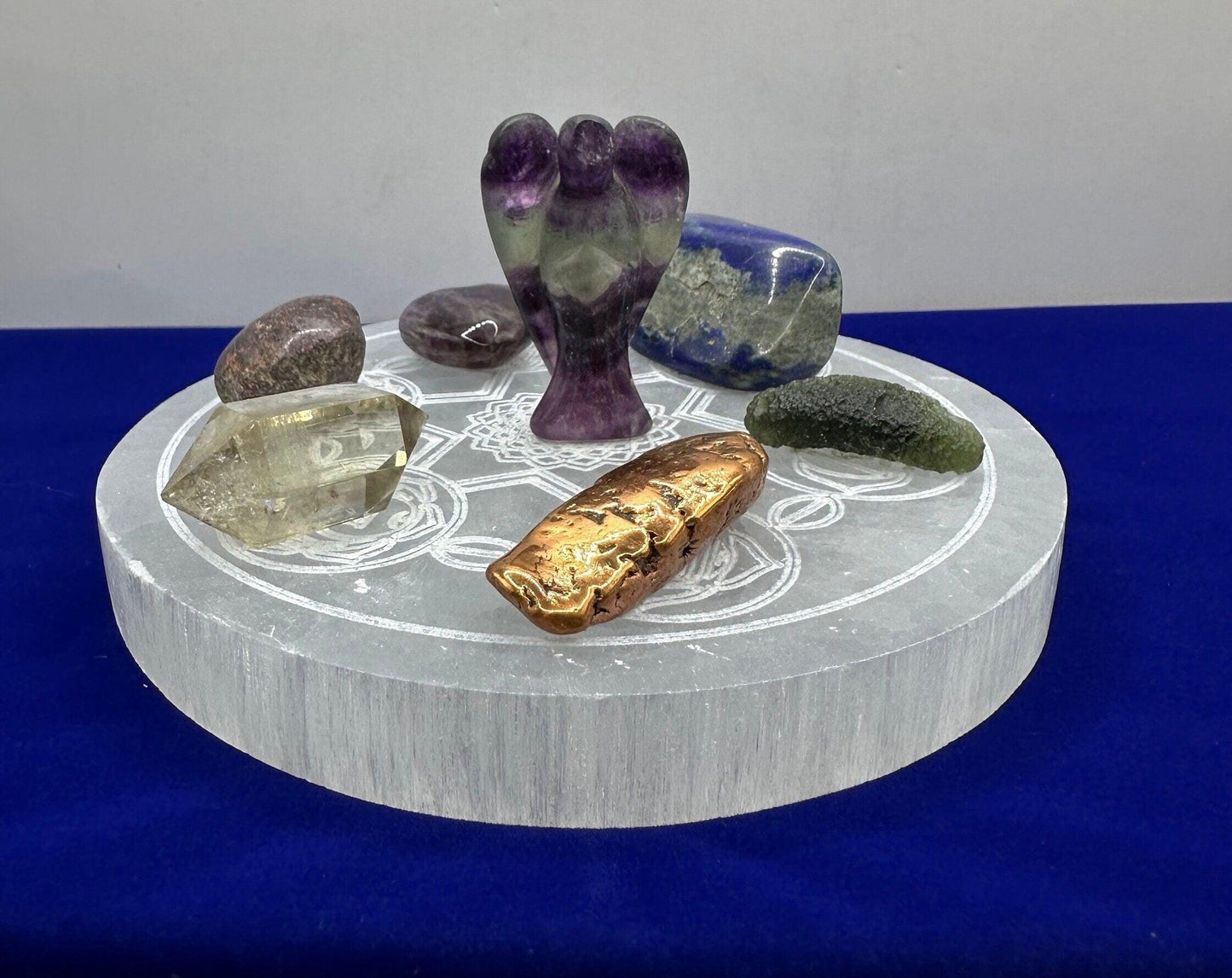 Selenite Seven Chakra Charging Plate, Crystal Grid Work, Energy Healing, Reiki, Flower of Life, smooth surfaces, 1 lb 4.9 ounces