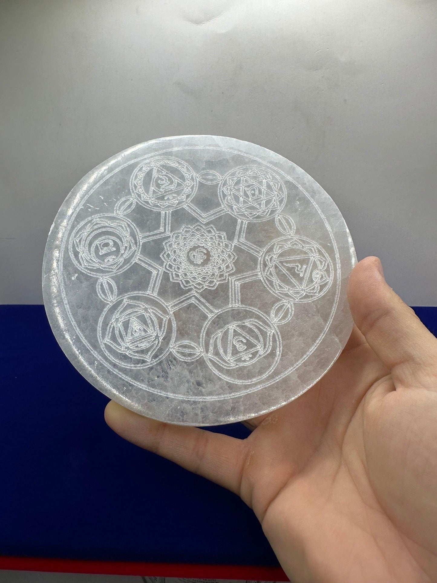 Selenite Seven Chakra Charging Plate, Crystal Grid Work, Energy Healing, Reiki, Flower of Life, smooth surfaces, 1 lb 4.9 ounces