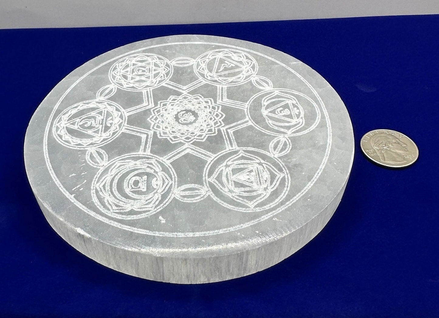 Selenite Seven Chakra Charging Plate, Crystal Grid Work, Energy Healing, Reiki, Flower of Life, smooth surfaces, 1 lb 4.9 ounces