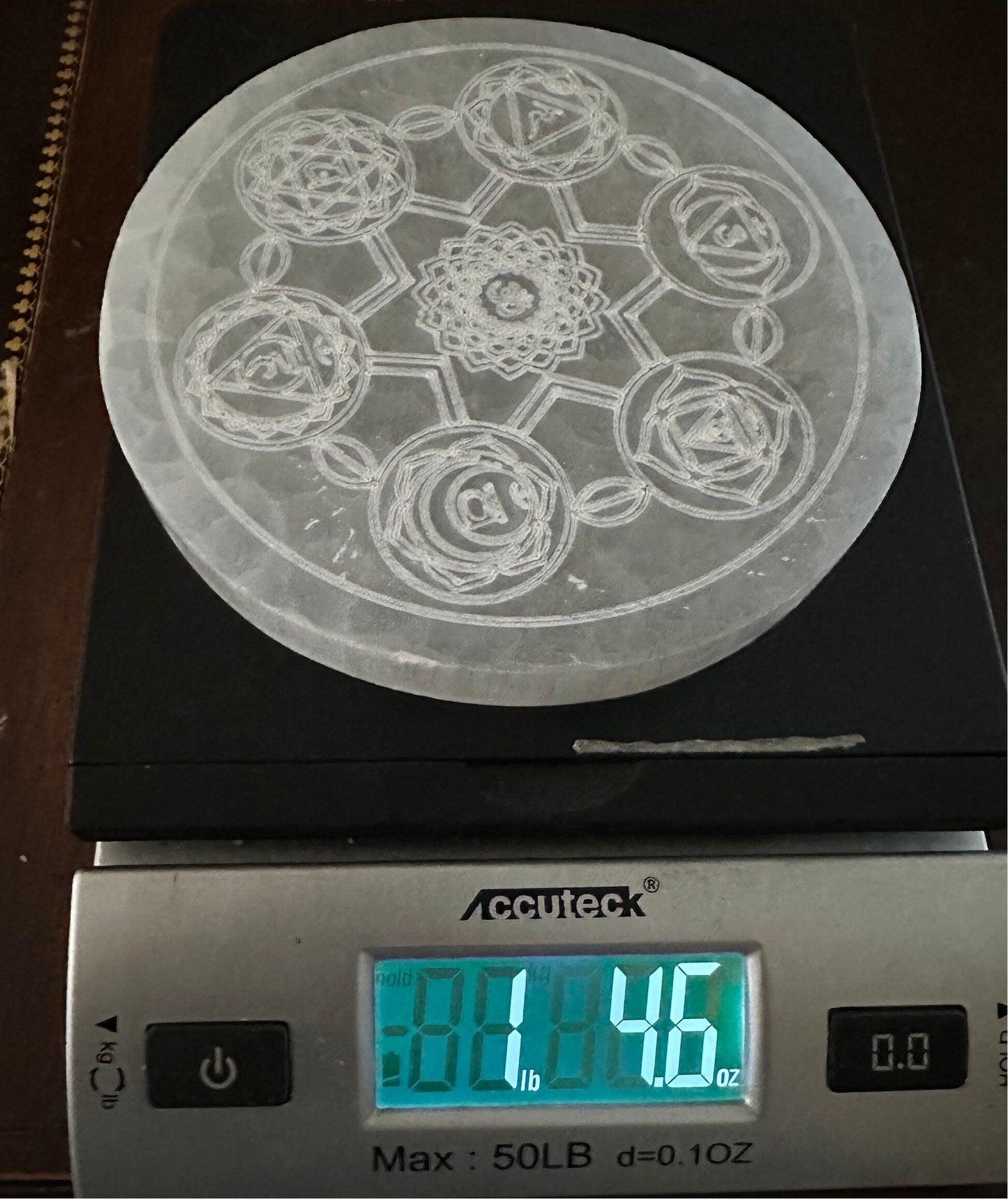 Selenite Seven Chakra Charging Plate, Crystal Grid Work, Energy Healing, Reiki, Flower of Life, smooth surfaces, 1 lb 4.9 ounces