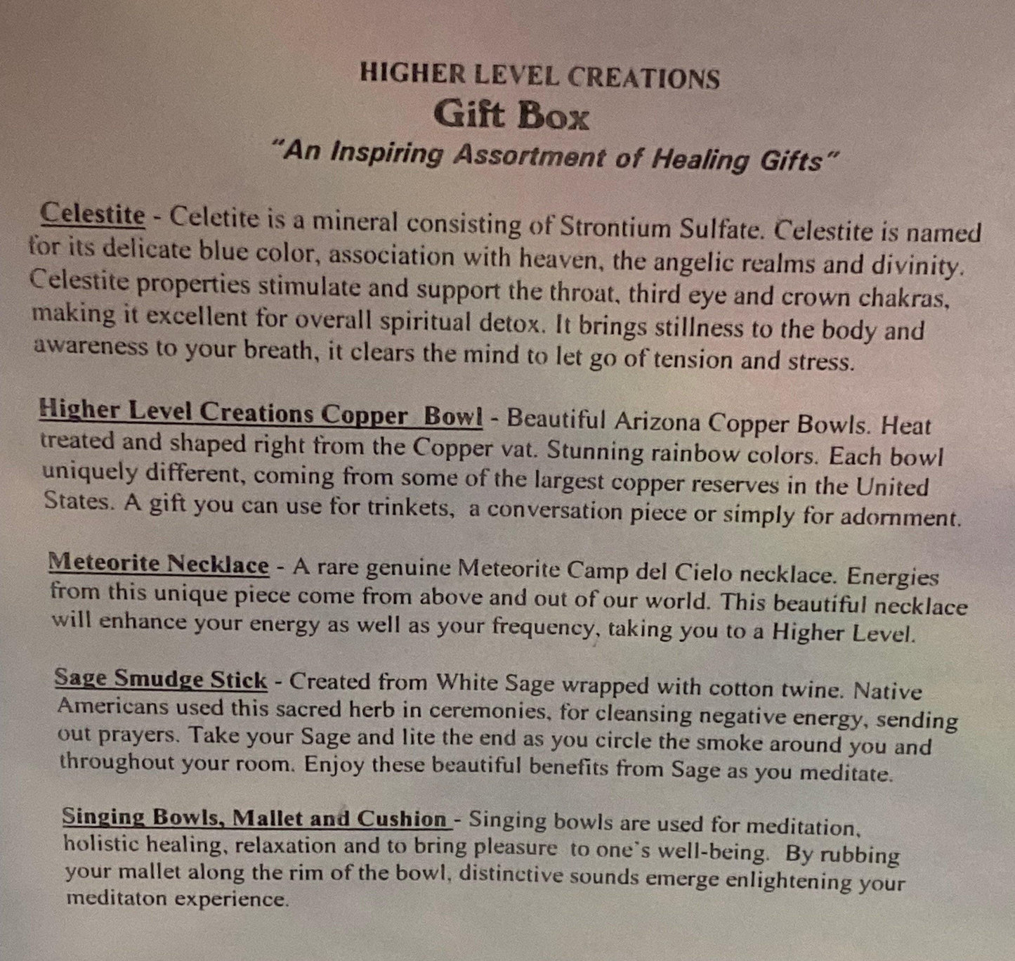 Higher Level Creations Gift Box, Meditation, Meteorite, Copper Bowl, Sage, Celestite Transformation, Pre-made Gift Box, 1 lb 12.5 ounces