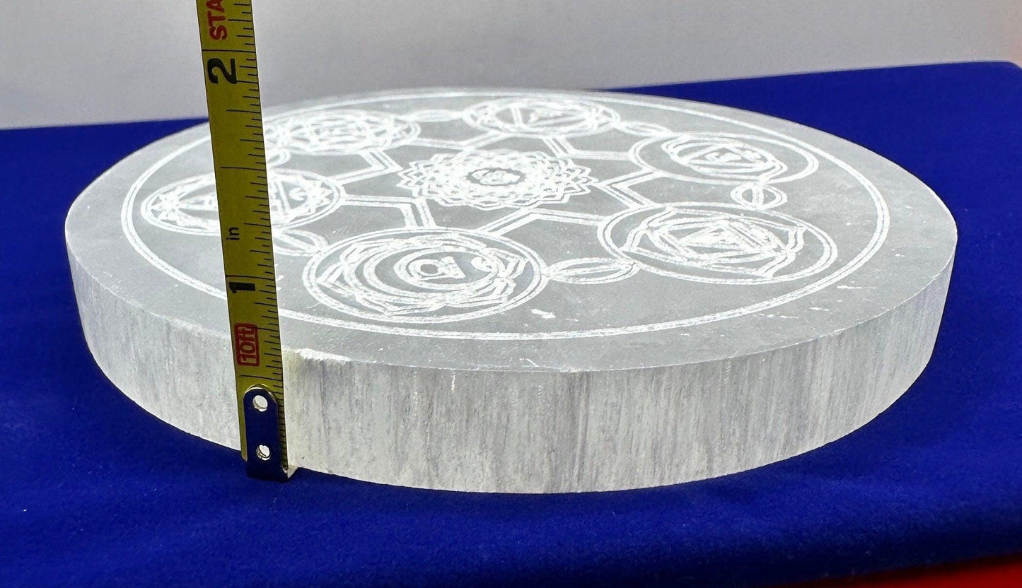 Selenite Seven Chakra Charging Plate, Crystal Grid Work, Energy Healing, Reiki, Flower of Life, smooth surfaces, 1 lb 4.9 ounces