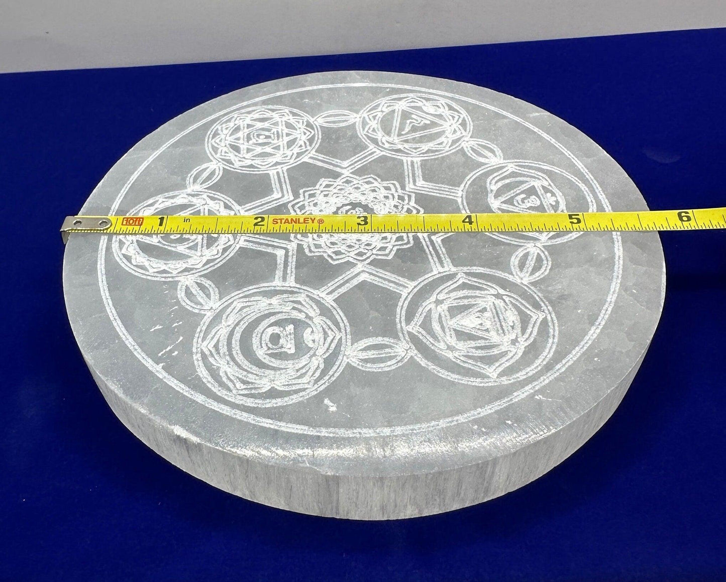 Selenite Seven Chakra Charging Plate, Crystal Grid Work, Energy Healing, Reiki, Flower of Life, smooth surfaces, 1 lb 4.9 ounces