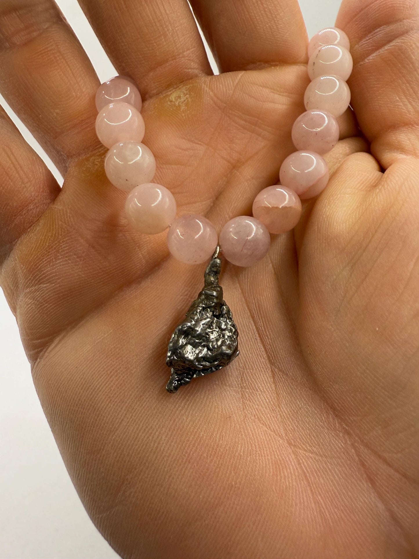 Meteorite Above and Below Necklace, 28 grams, Beautiful meteorite with natural Rose quartz crystal beads, Reiki, Astronomy Gift
