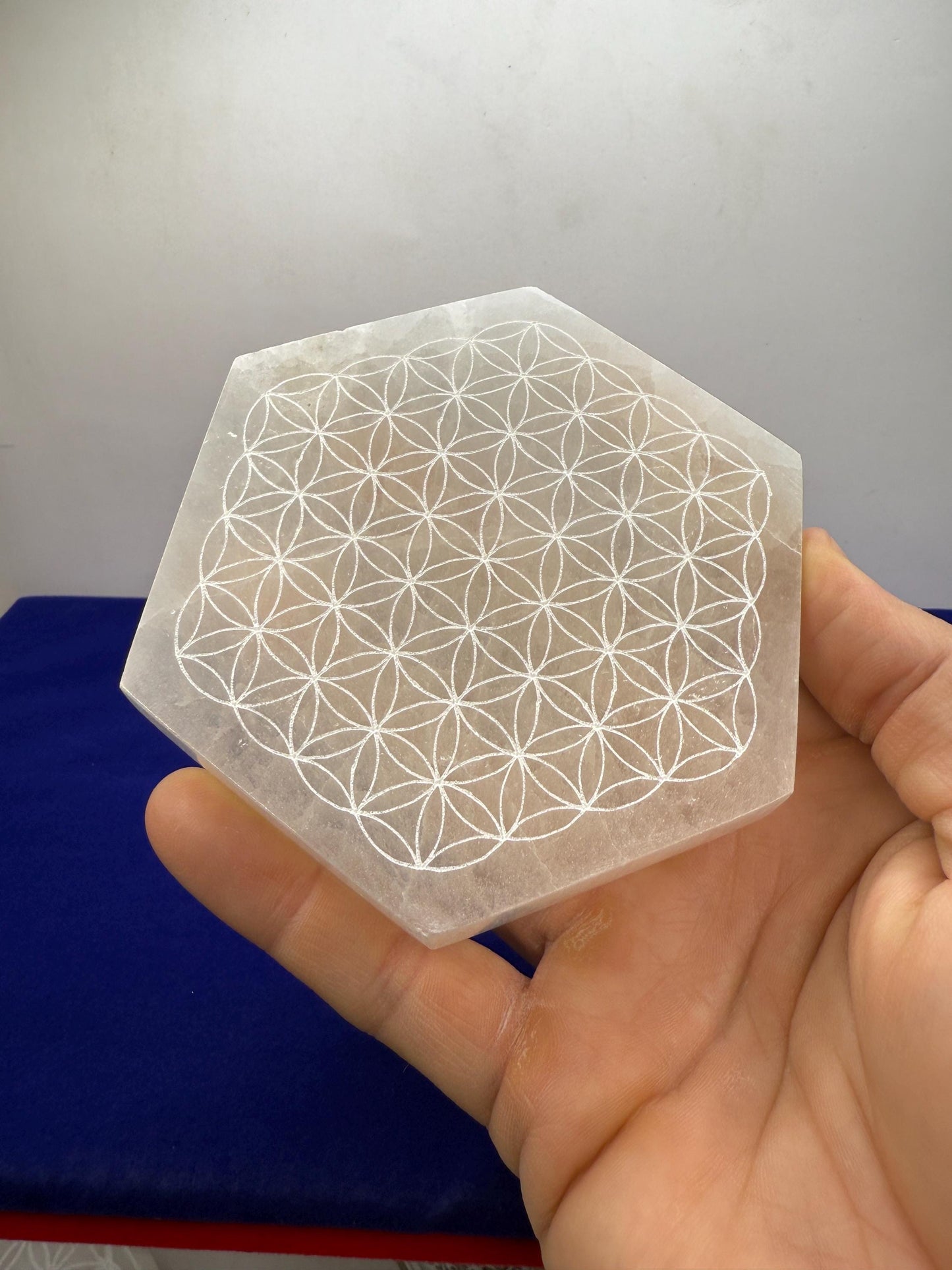 Om Symbol Selenite Charging Plate, Selenite Crystal, Reiki, Crystal Cleansing, Om Symbol, Hexagonal Shape, 12.4 oz