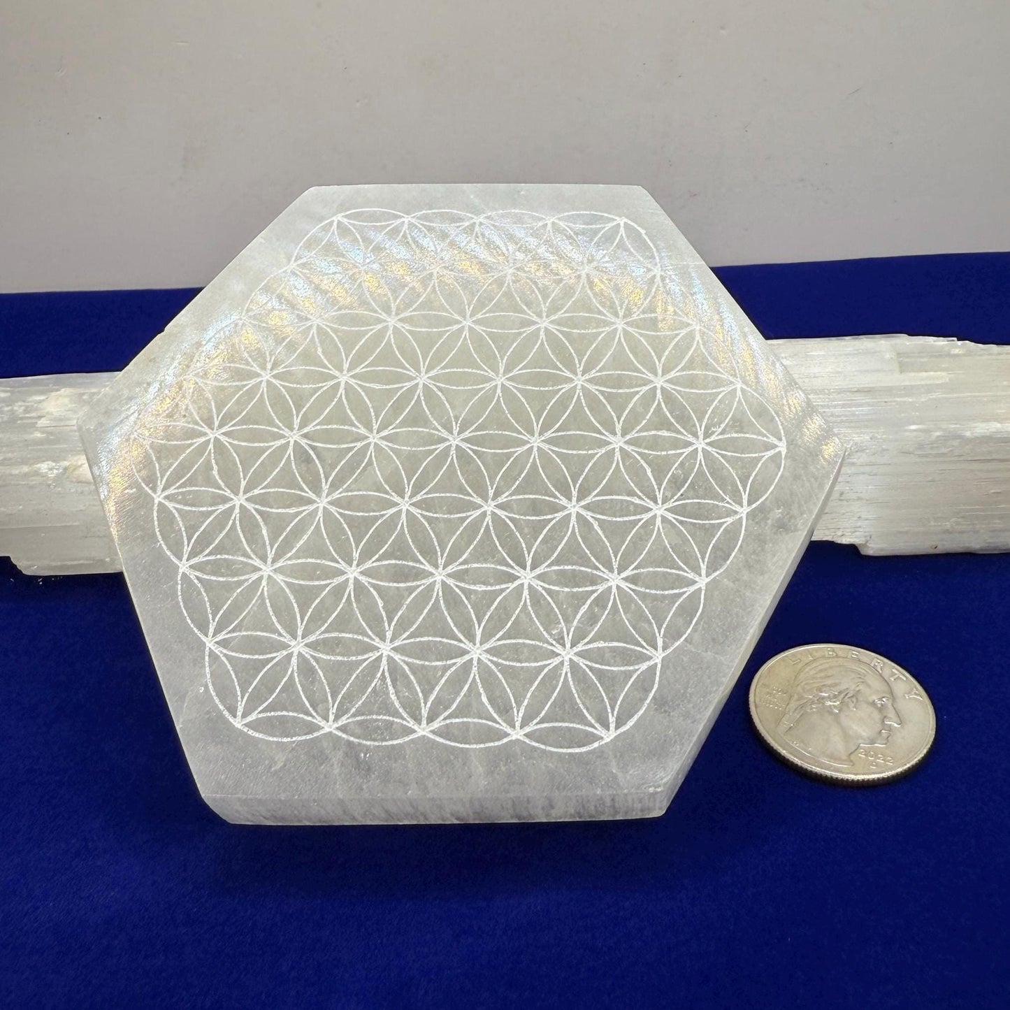 Om Symbol Selenite Charging Plate, Selenite Crystal, Reiki, Crystal Cleansing, Om Symbol, Hexagonal Shape, 12.4 oz