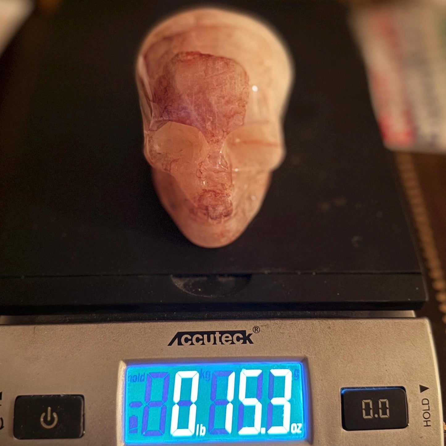 Hematoid Quartz Crystal Skull, 15.3 oz Blood Quartz Carving, Office Decor, Home Decor, Grounding & Healing Energy, Unique Crystal Skull Gift