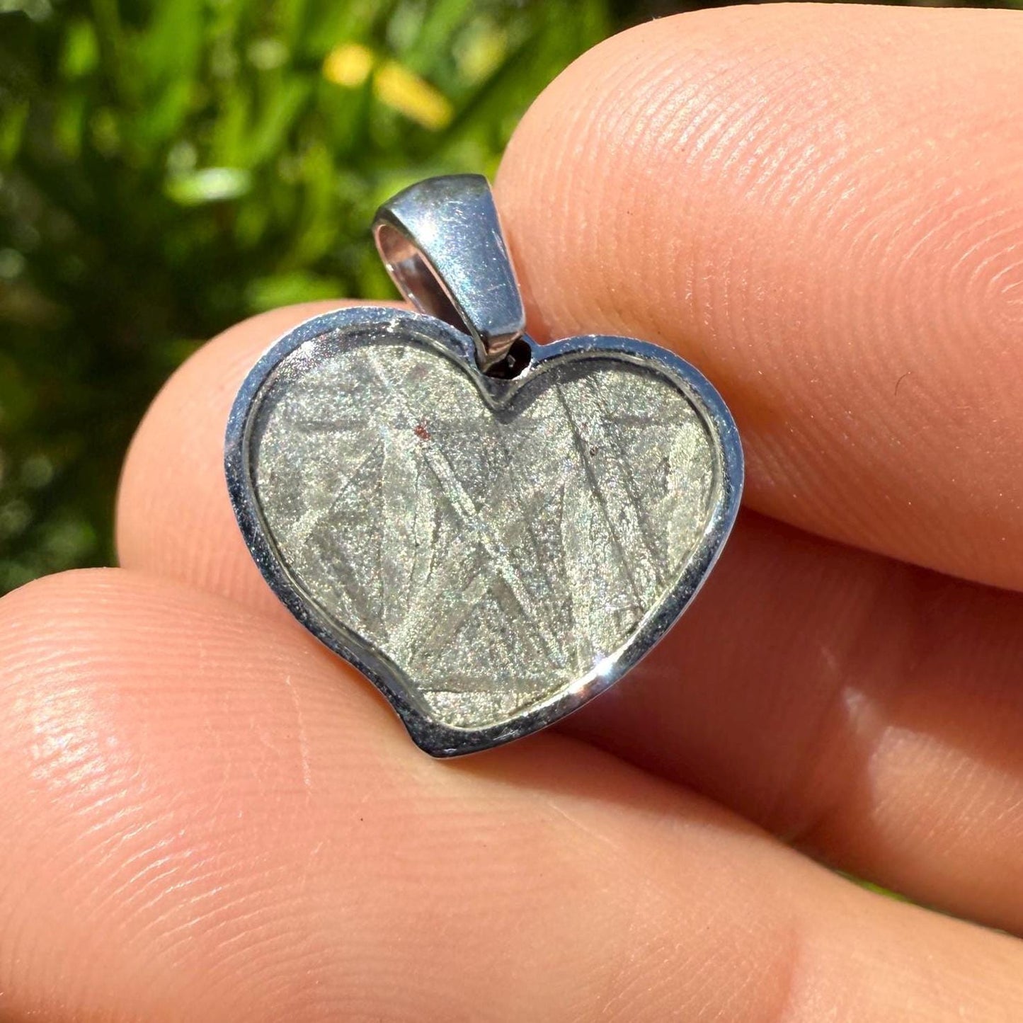 Muonionalusta Meteorite Sweetheart Pendant, Heart Shaped Pendant, Stainless Steel Pendant, Space Gift, Valentines Day Pendant, 2.24g