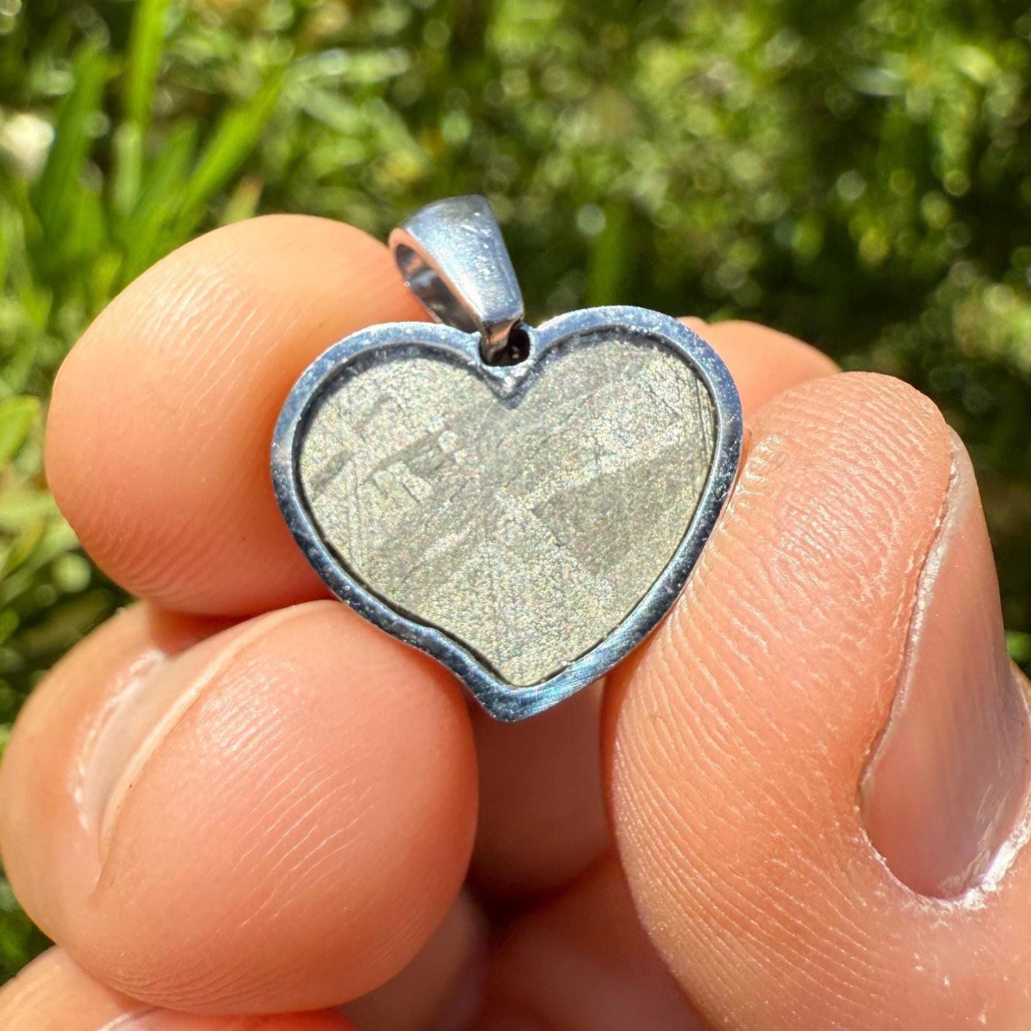 Muonionalusta Meteorite Sweetheart Pendant, Heart Shaped Pendant, Stainless Steel Pendant, Space Gift, Valentines Day Pendant, 2.24g