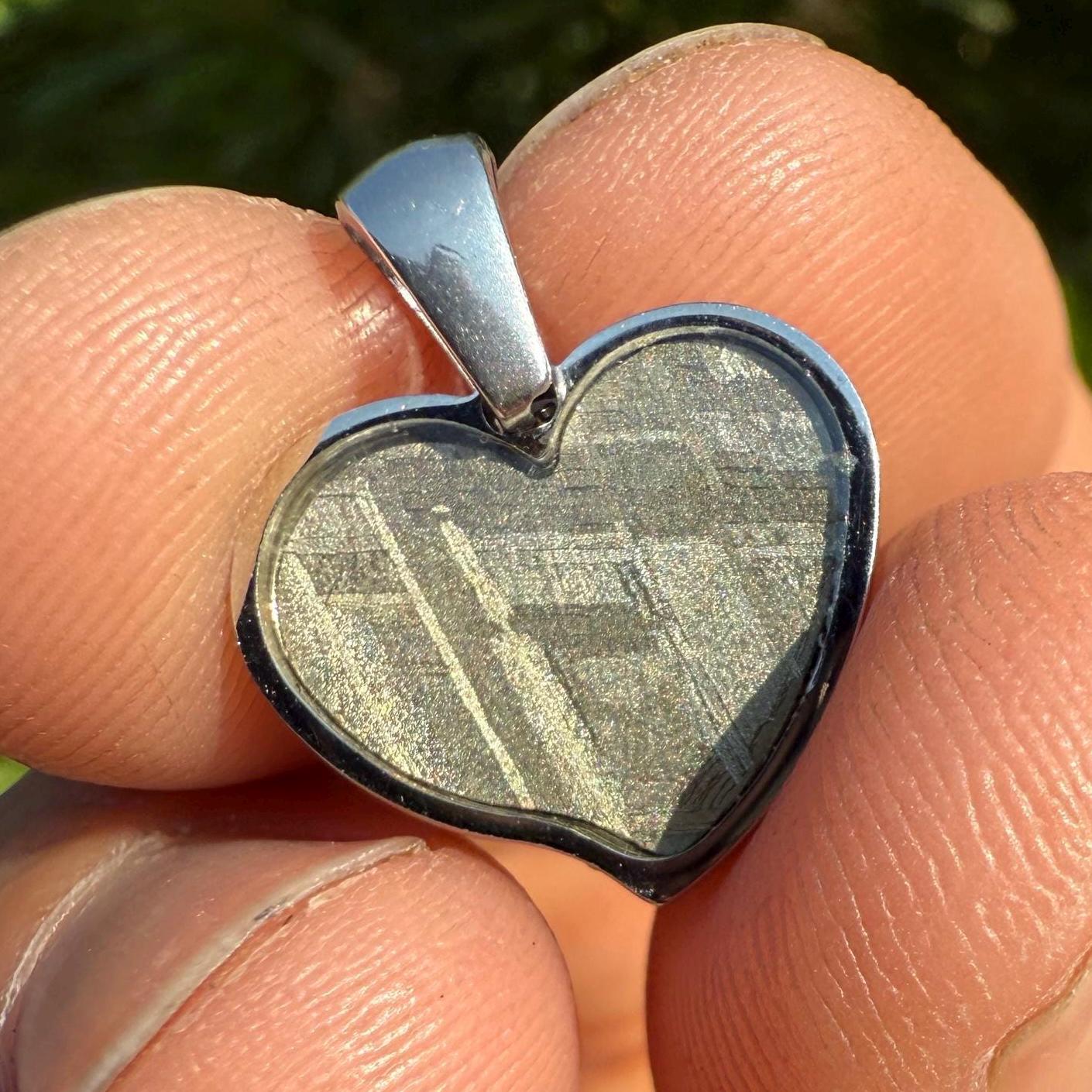 Muonionalusta Meteorite Sweetheart Pendant, Heart Shaped Pendant, Stainless Steel Pendant, Space Gift, Cosmic Pendant, 2.16 grams
