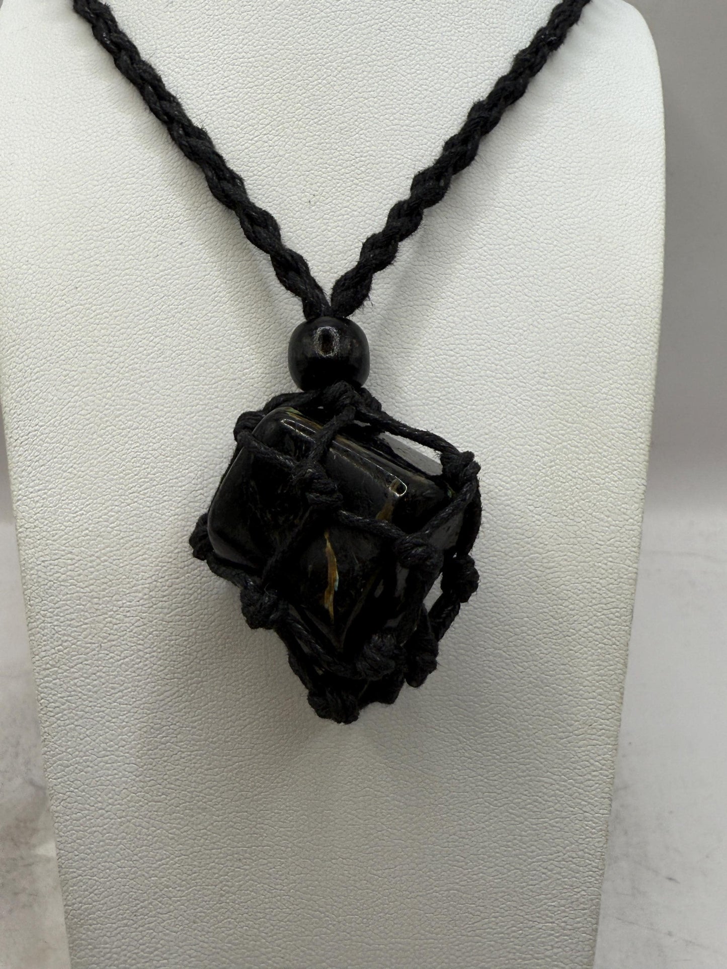 Nuummite Stone: Greenland Gemstone with Macrame Necklace and Display, Talisman, 29.79 grams