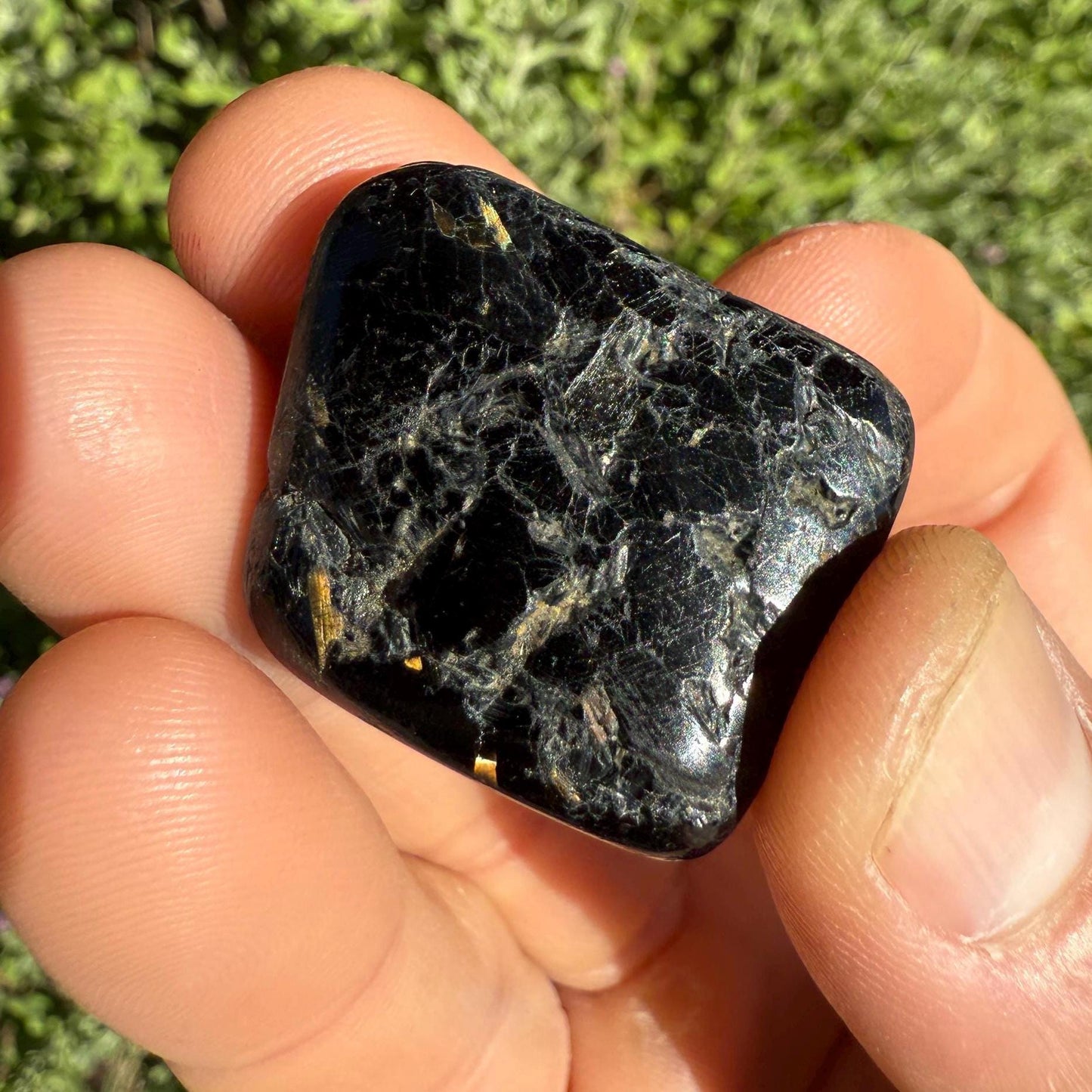 Nuummite Stone: Greenland Gemstone with Macrame Necklace and Display, Talisman, 29.79 grams