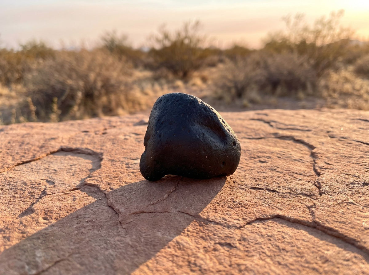 A black Rizalite tektite standing on a sandstone slab in the desert