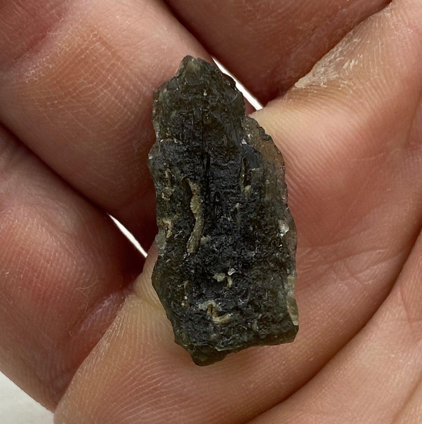 Moldavite Tektite Specimen, 2.71 grams, with Display Case