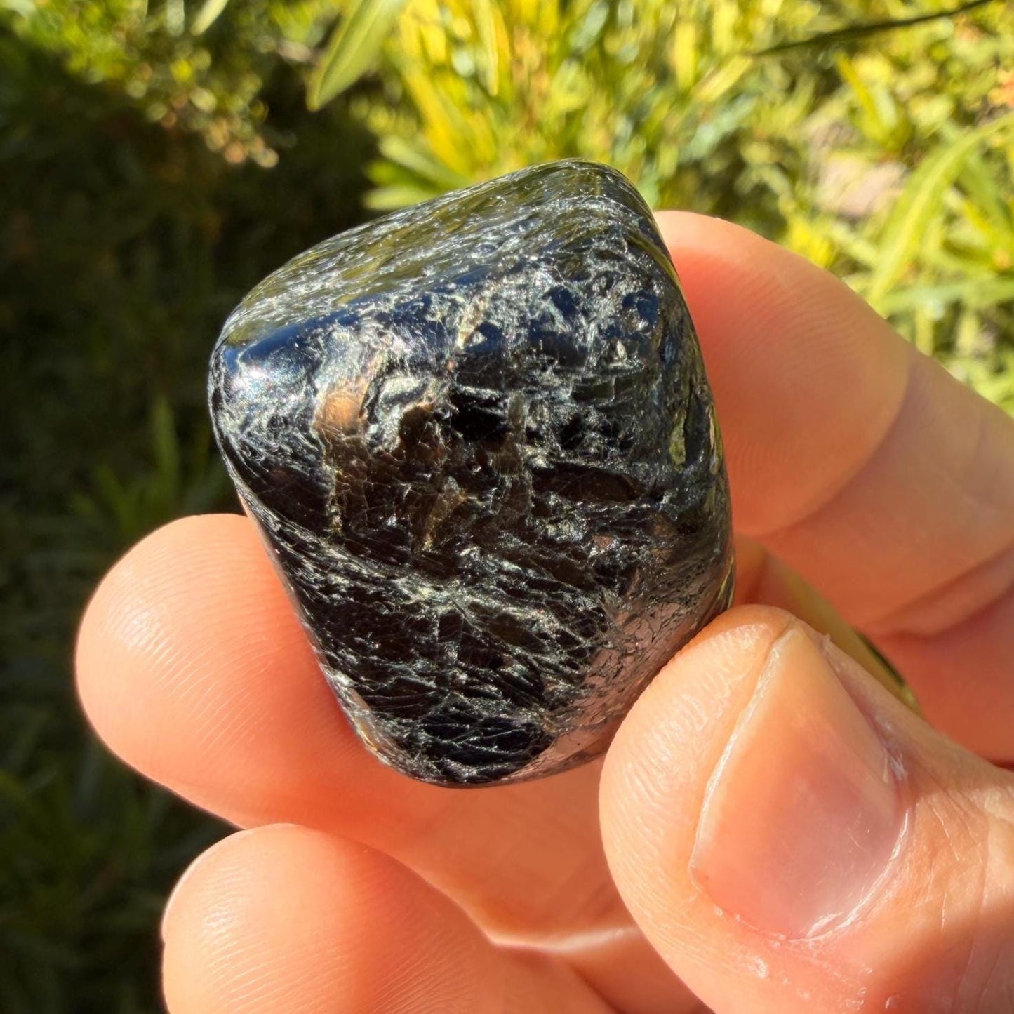 Nuummite Stone: Greenland Gemstone with Macrame Necklace and Display, Talisman, 31.88 grams