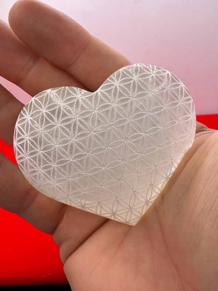 Selenite Heart: Moroccan Flower of Life Crystal, 4.4 Ounces