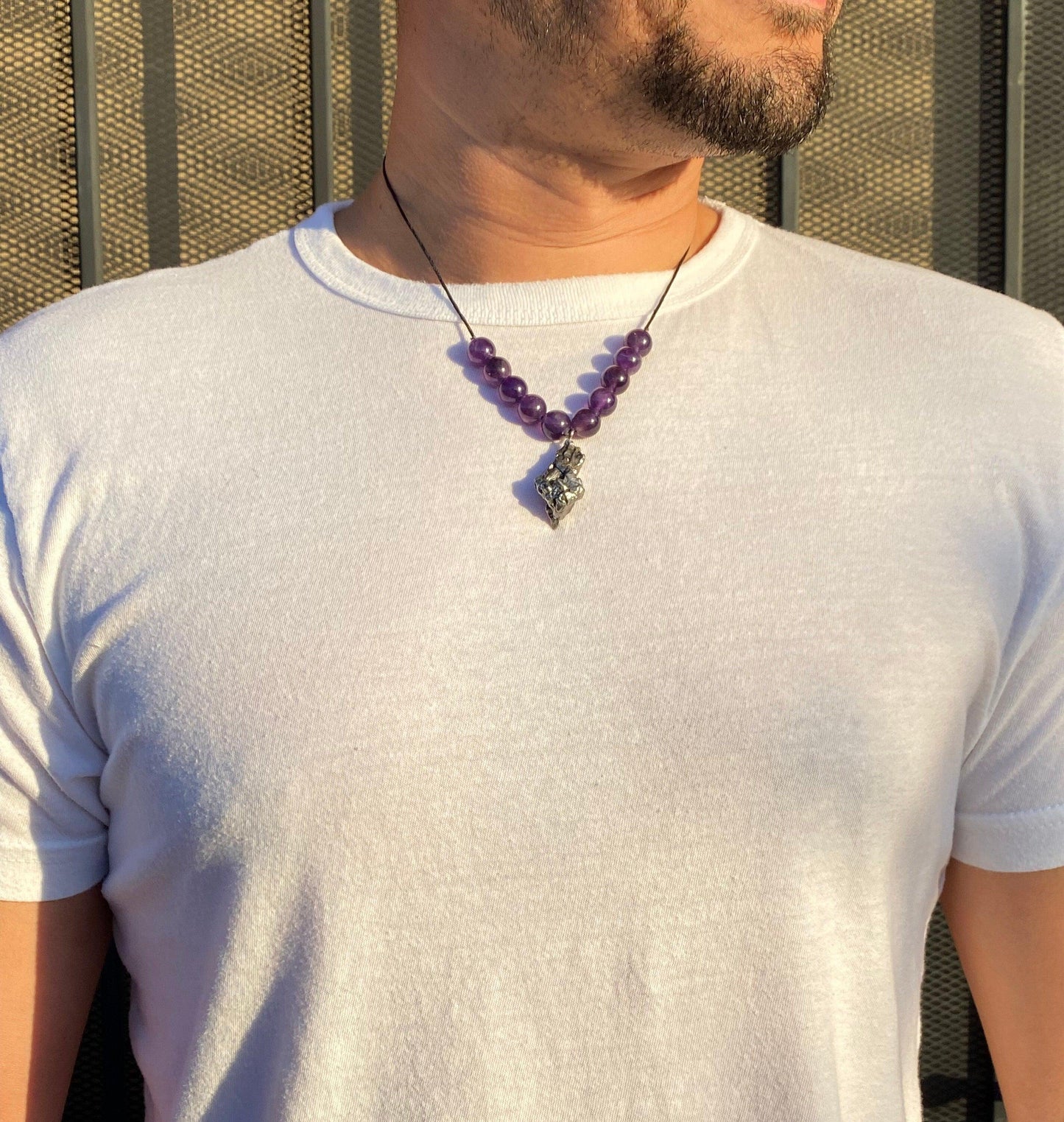 Meteorite Above and Below Necklace, 28.39 grams, Beautiful and unique meteorite with natural amethyst beads, the perfect gift