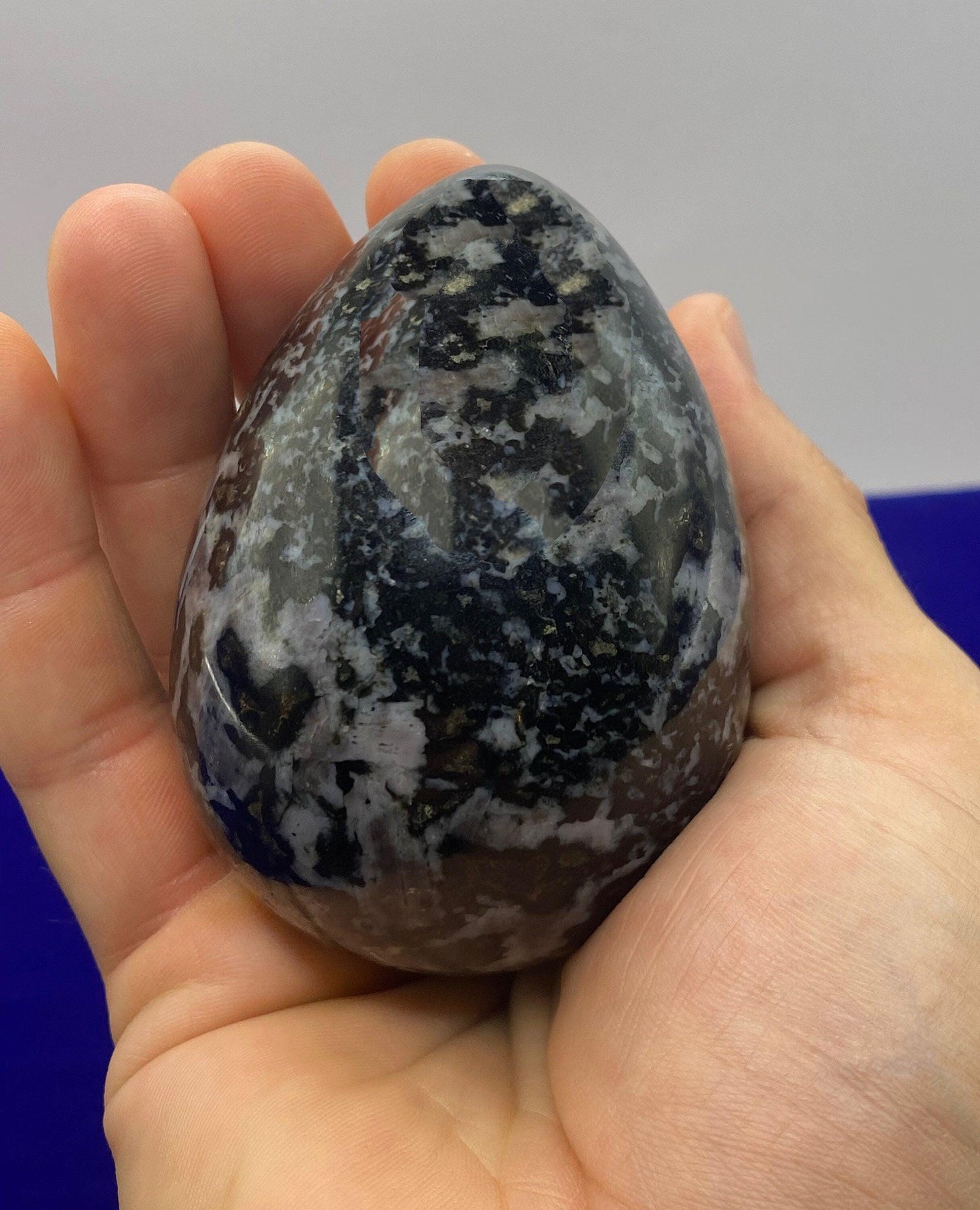 Beautiful smooth polished Indigo Gabbro Egg, A stone of Courage and Confidence, Mineral Egg, Stone Egg, Mystic Merlinite weight is 12.2 oz
