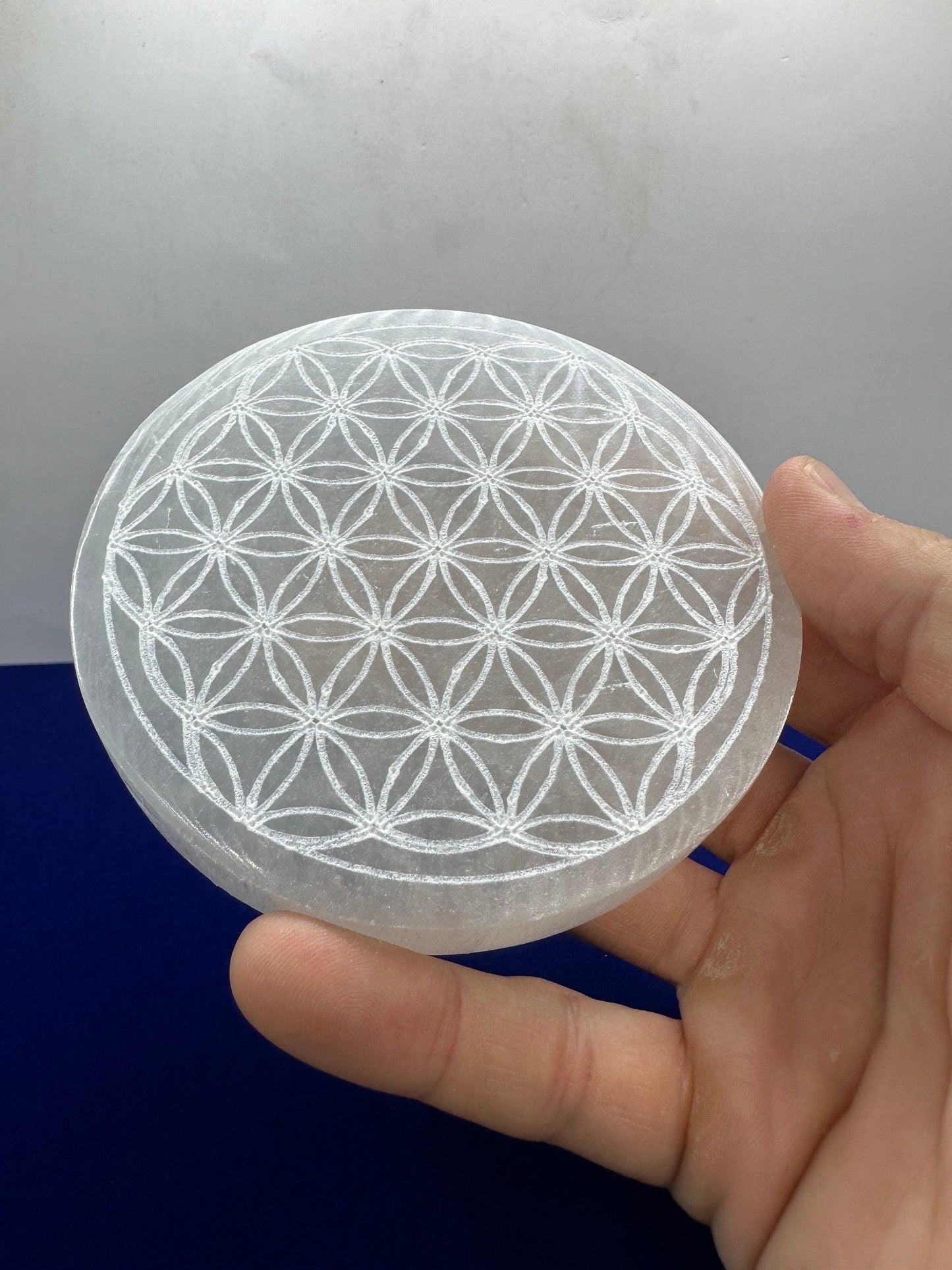 Selenite Flower of Life Charging Plate, Little Charging Plate, Crystal Grid Work, Cup Saucer, Reiki, Flower of Life, 9.0 ounces