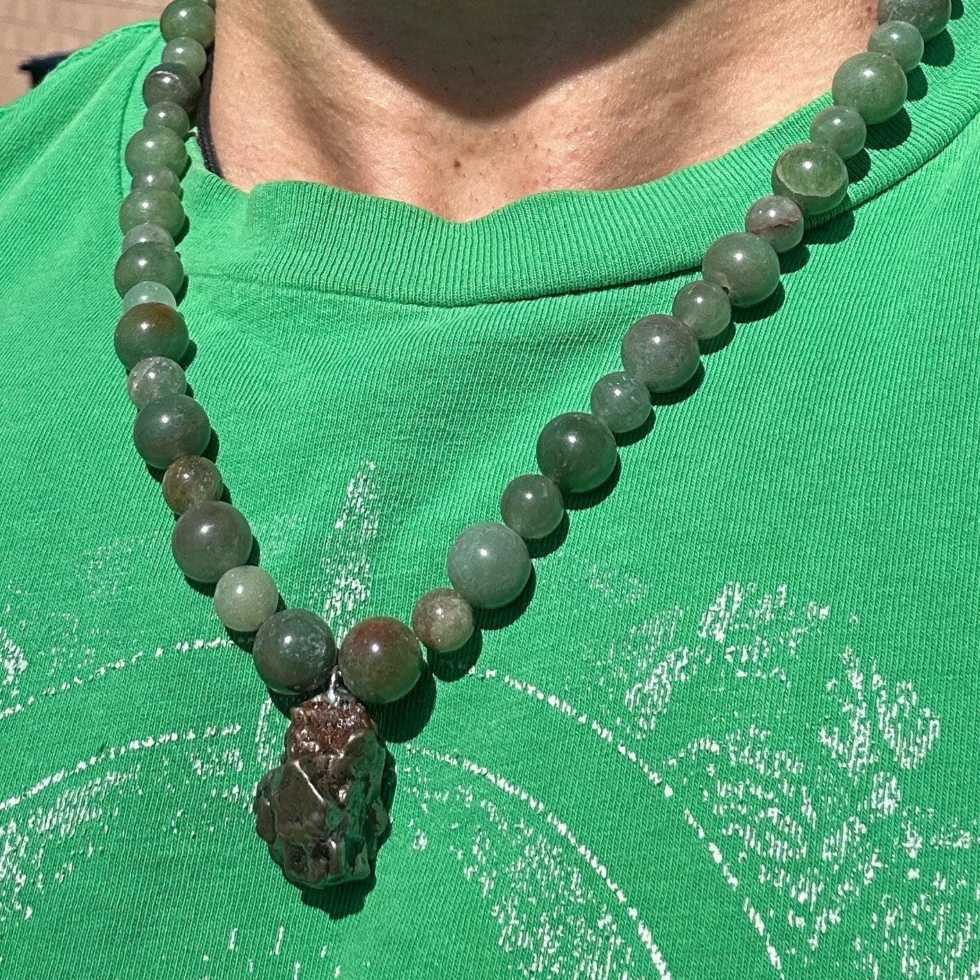 Meteorite Above and Below Necklace, 70 grams, Campo del Cielo Iron Meteorite, Aventurine Beads, Handmade Necklace, Astronomy Gift, Unisex