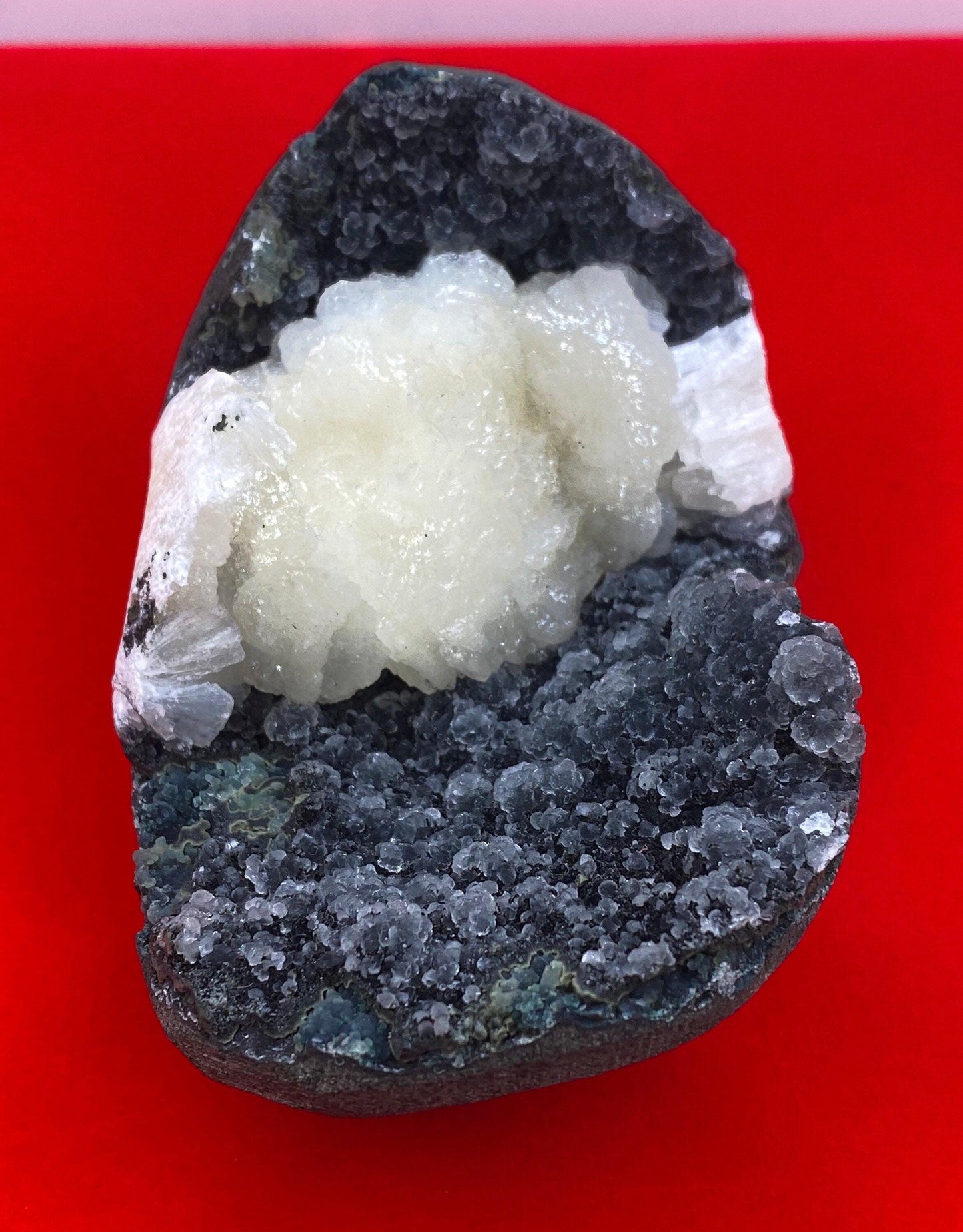 Beautiful Stilbite on Black Coral Stalactite Geode, Peaceful, Stilbite, India, Crown Chakra, Crystal, Rock Collection, 276 grams