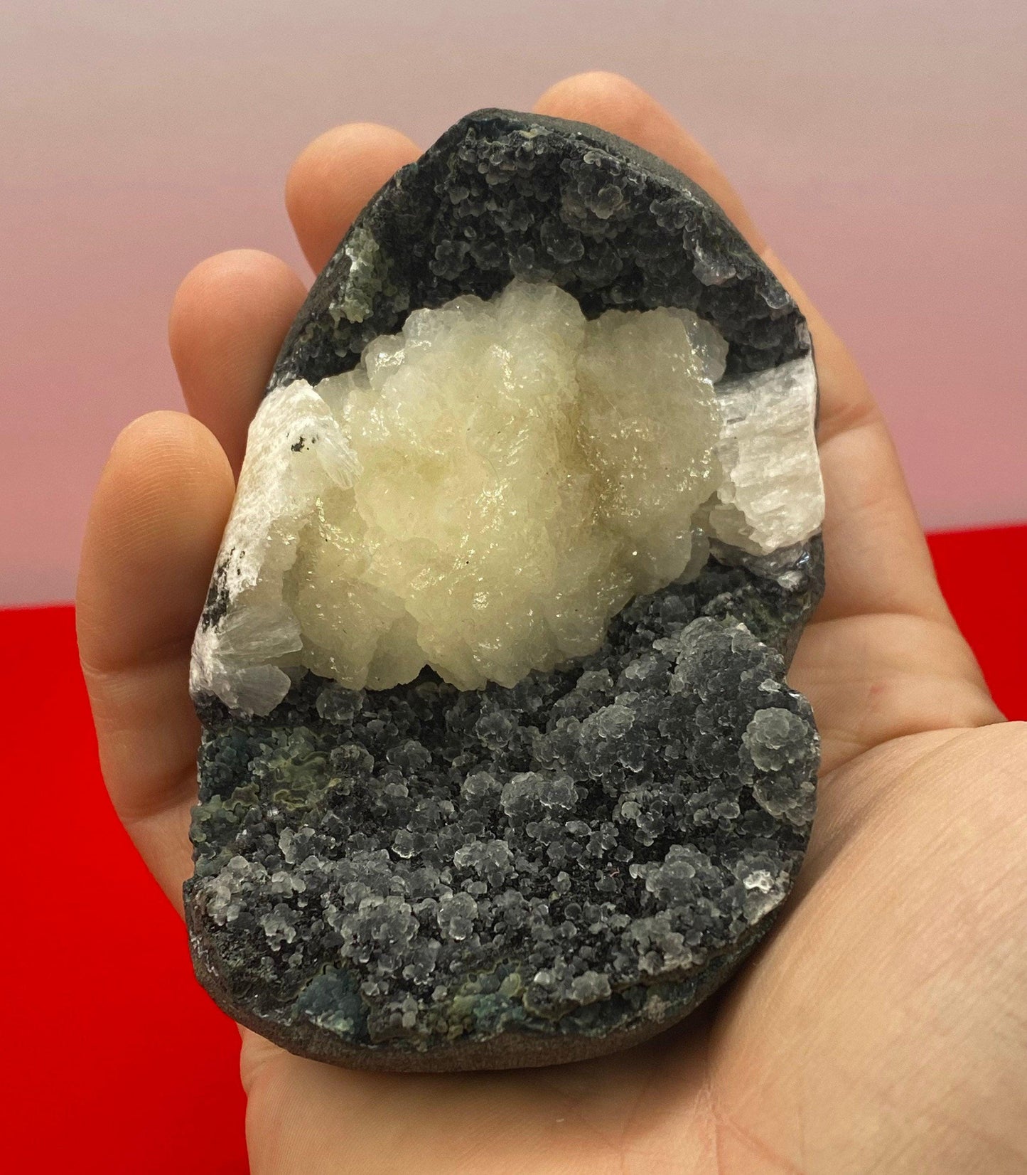 Beautiful Stilbite on Black Coral Stalactite Geode, Peaceful, Stilbite, India, Crown Chakra, Crystal, Rock Collection, 276 grams