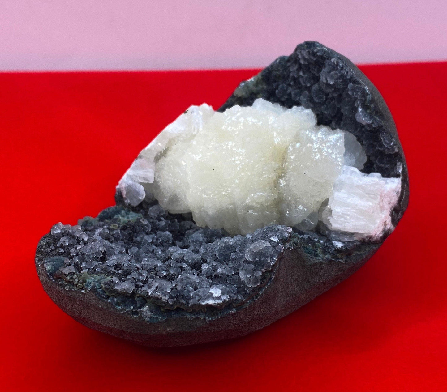 Beautiful Stilbite on Black Coral Stalactite Geode, Peaceful, Stilbite, India, Crown Chakra, Crystal, Rock Collection, 276 grams