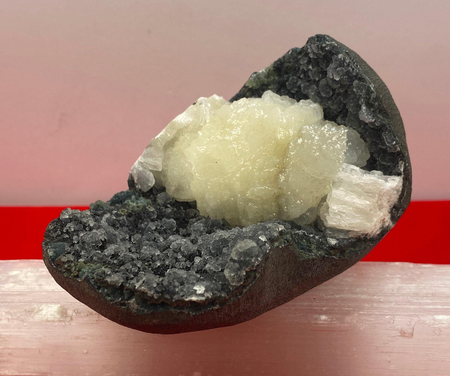 Beautiful Stilbite on Black Coral Stalactite Geode, Peaceful, Stilbite, India, Crown Chakra, Crystal, Rock Collection, 276 grams