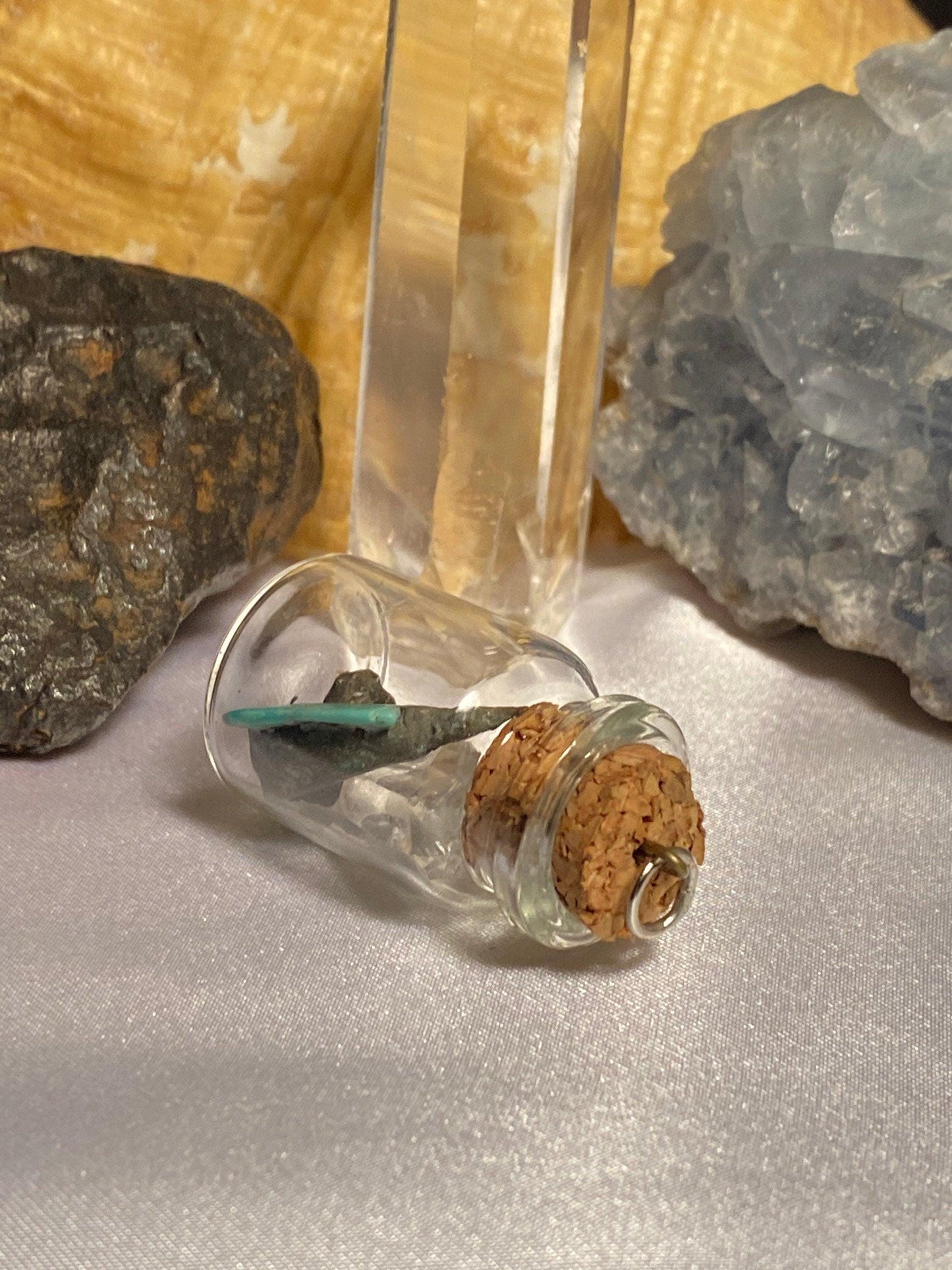 Earth, Water and Space in a Bottle Pendant (Turquoise, Coral, Meteorite)