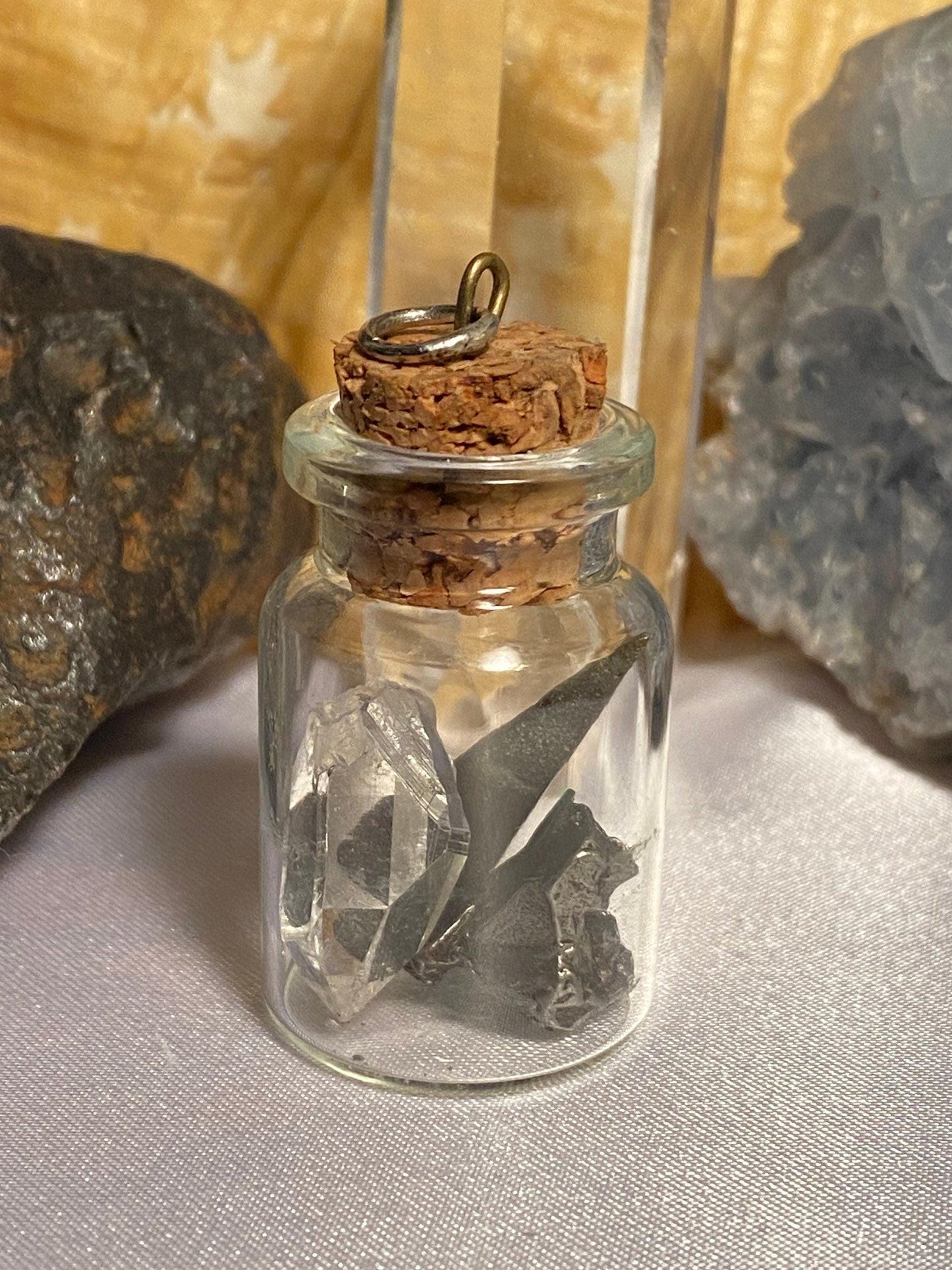 Earth, Water and Space in a Bottle Pendant (Turquoise, Coral, Meteorite)