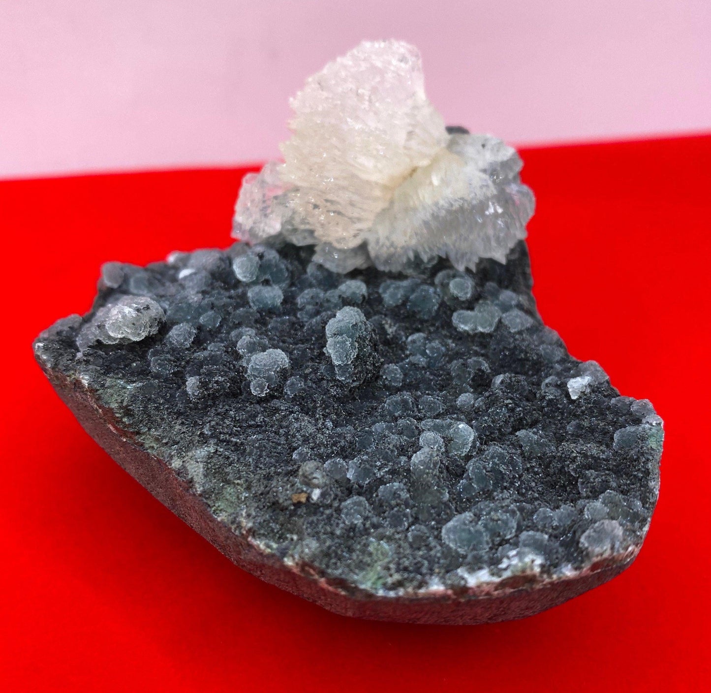 Beautiful Stilbite on Black Coral Stalactite Geode, Peaceful, Stilbite, India, Crown Chakra, Crystal, Rock Collection, 176 grams