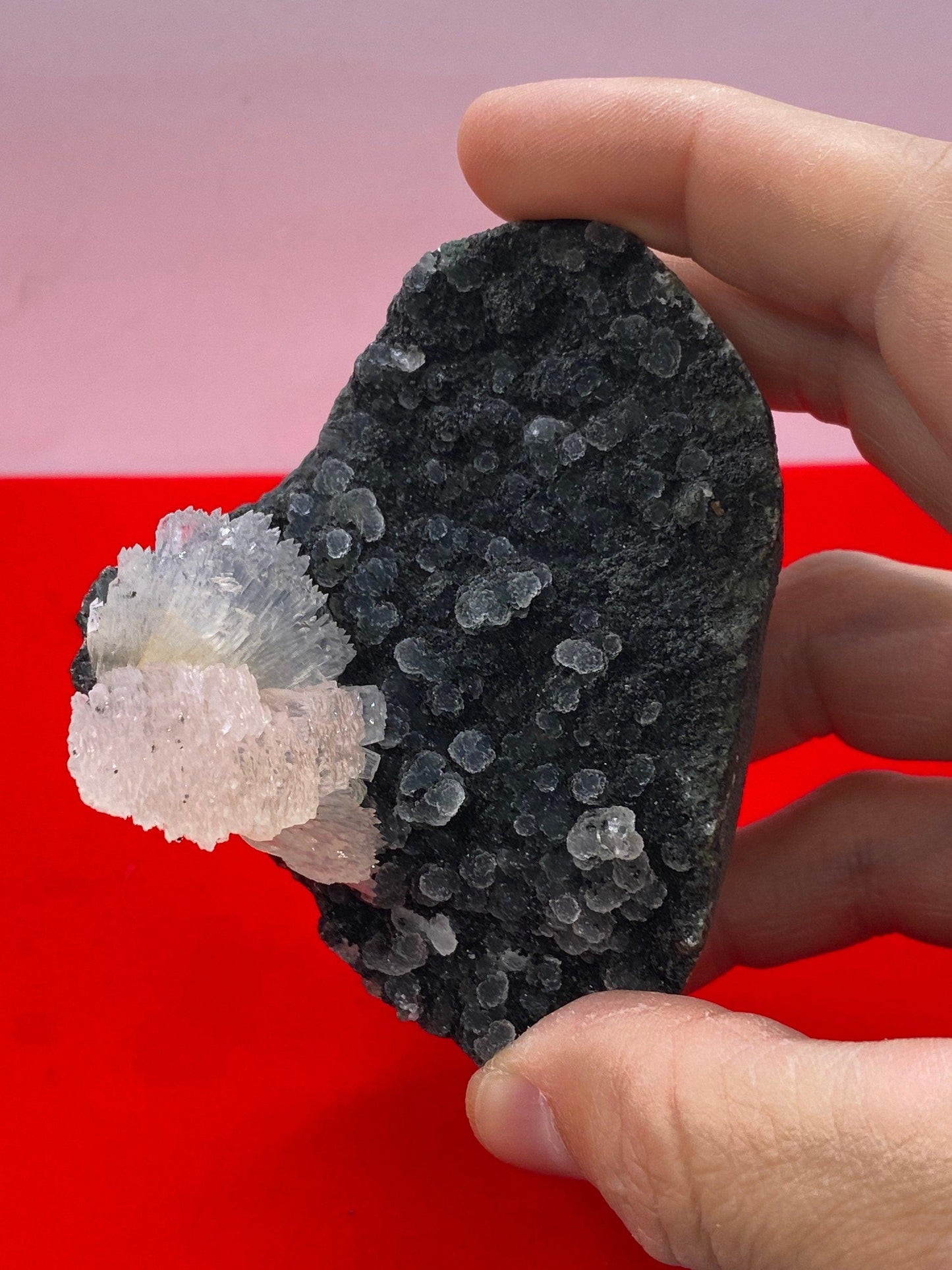 Beautiful Stilbite on Black Coral Stalactite Geode, Peaceful, Stilbite, India, Crown Chakra, Crystal, Rock Collection, 176 grams