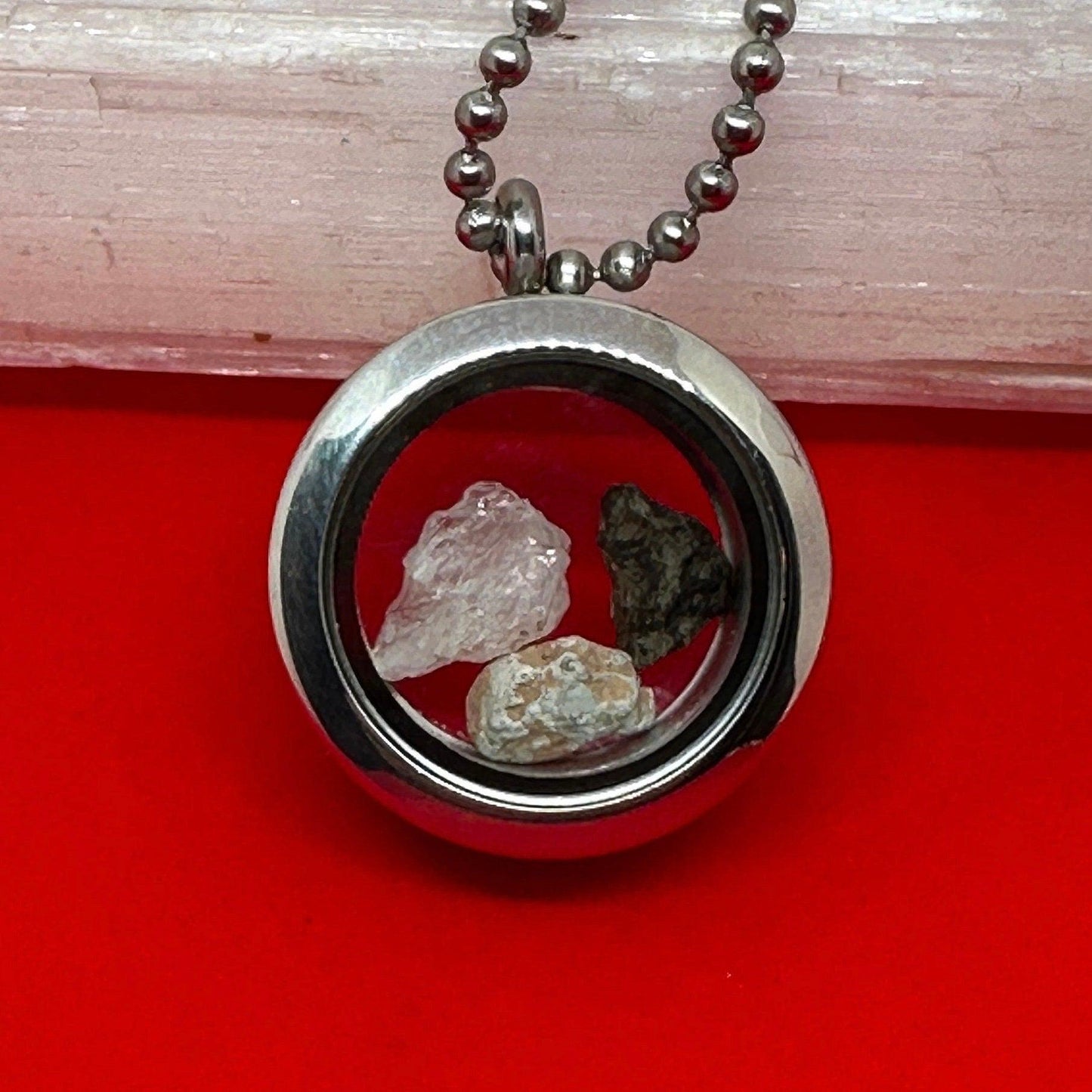 Moon, Mars and Earth in a Floating Locket, Mars Shergottite, Bechar 007 Moon Meteorite, Nigerian Phenacite, Handmade Locket, Astronomy Gift