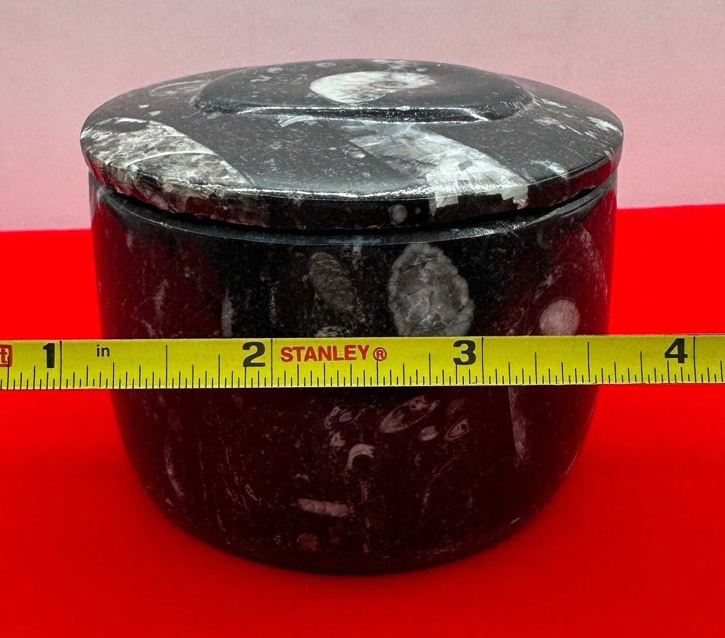 Beautiful Ammonite Handmade Stash Box, Round Black Marble Box with Fitted Lid, Golden Section, Fossil, Morocco, 15.1 ounces