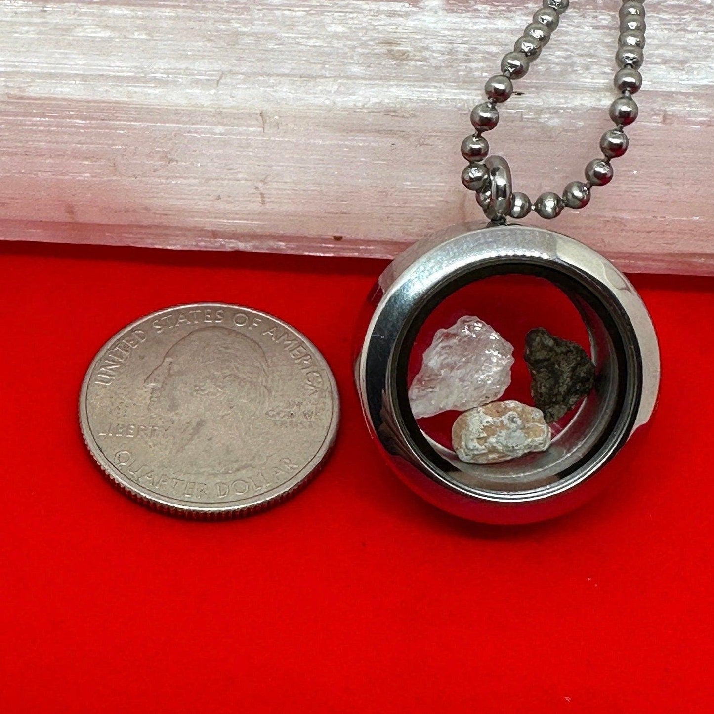 Moon, Mars and Earth in a Floating Locket, Mars Shergottite, Bechar 007 Moon Meteorite, Nigerian Phenacite, Handmade Locket, Astronomy Gift