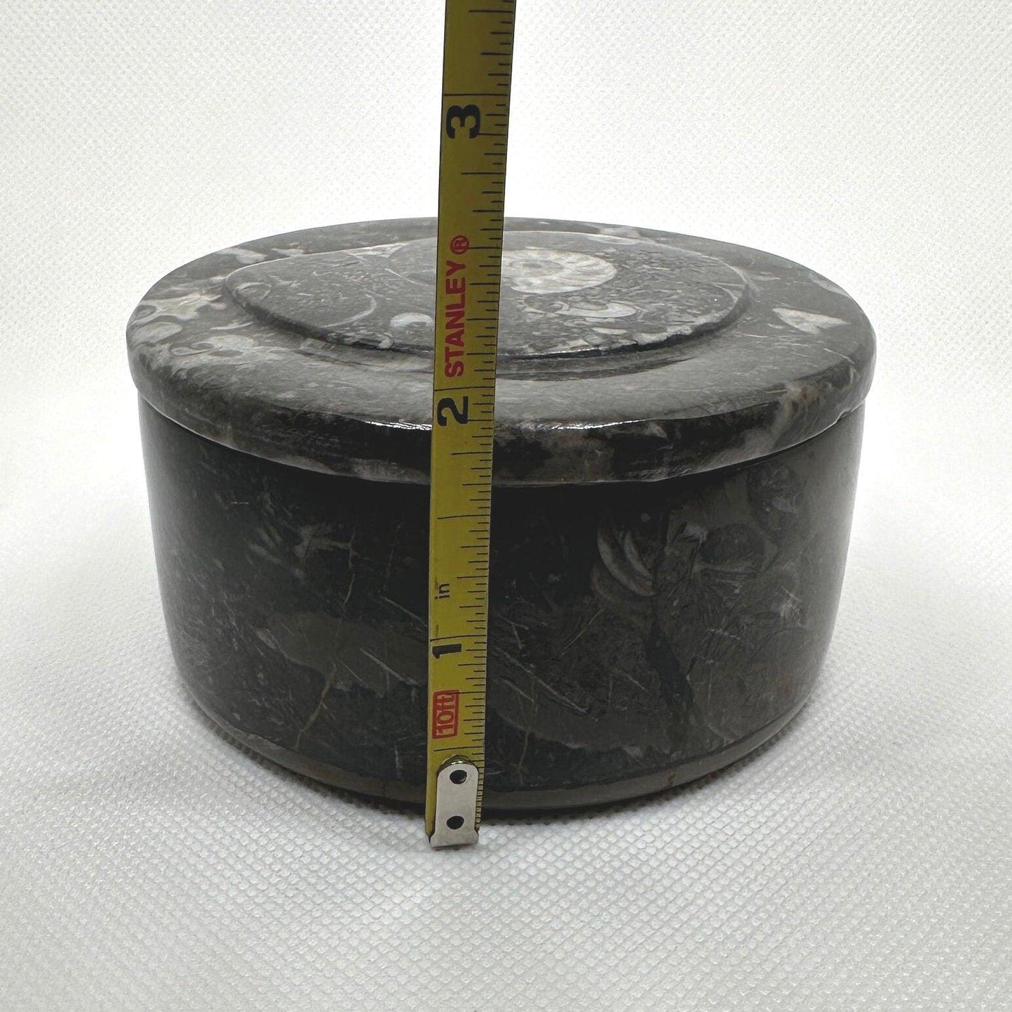 Beautiful Ammonite Handmade Stash Box, Round Black Marble Box with Fitted Lid, Golden Section, Fossil, Morocco, 13.8 ounces