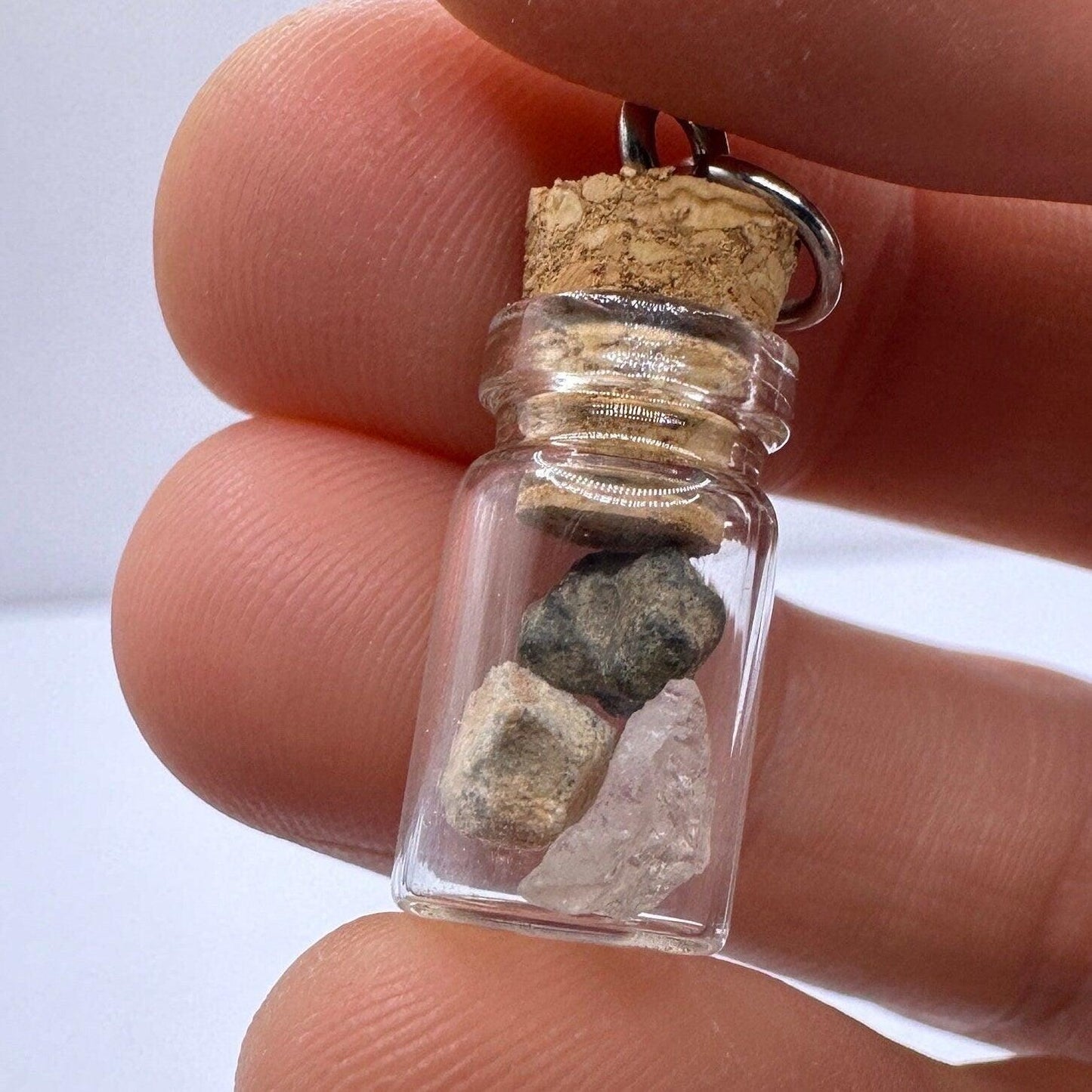 Moon, Mars and Earth in a Bottle Pendant, Mars Shergottite, Bechar 007 Moon Meteorite, Nigerian Phenacite, Handmade Pendant, Astronomy Gift