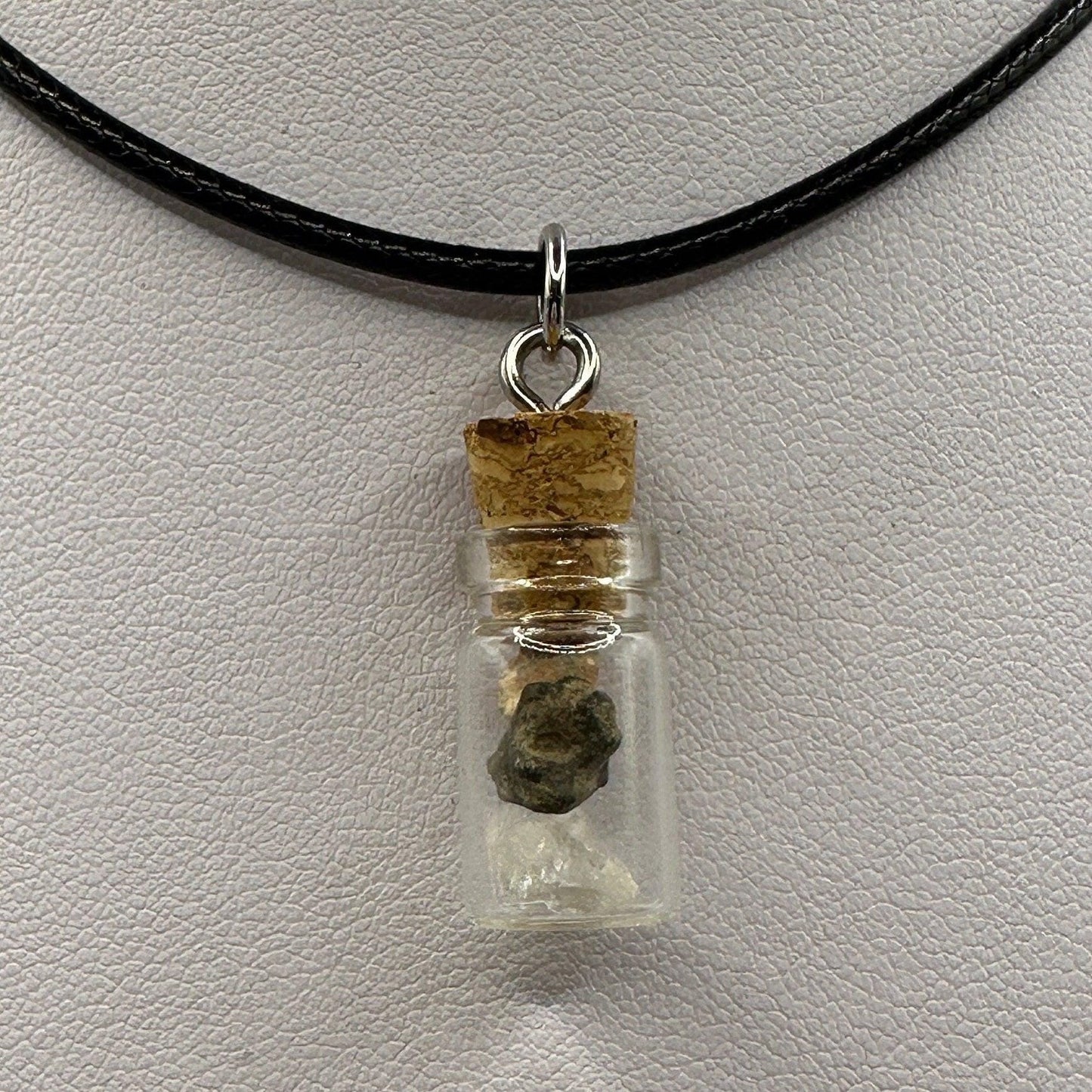 Moon, Mars and Earth in a Bottle Pendant, Mars Shergottite, Bechar 007 Moon Meteorite, Nigerian Phenacite, Handmade Pendant, Astronomy Gift