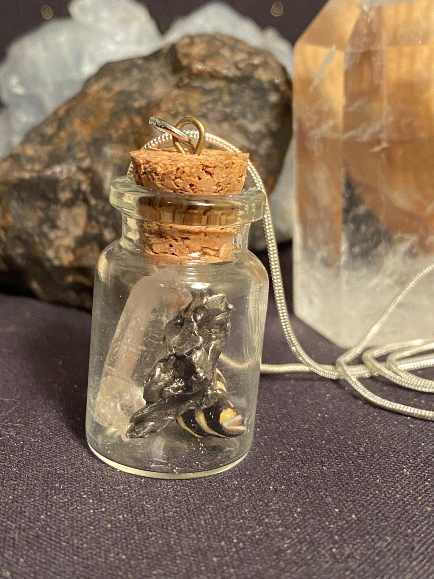 Earth, Water and Space in a Bottle Pendant (Himalayan Quartz, Beehive Shell, Meteorite)