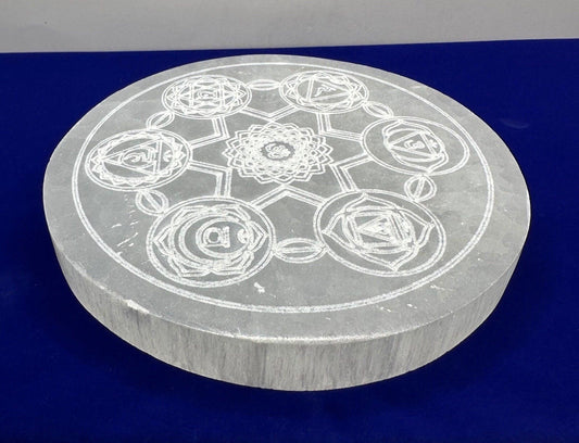 Selenite Seven Chakra Charging Plate, Crystal Grid Work, Energy Healing, Reiki, Flower of Life, smooth surfaces, 1 lb 4.9 ounces