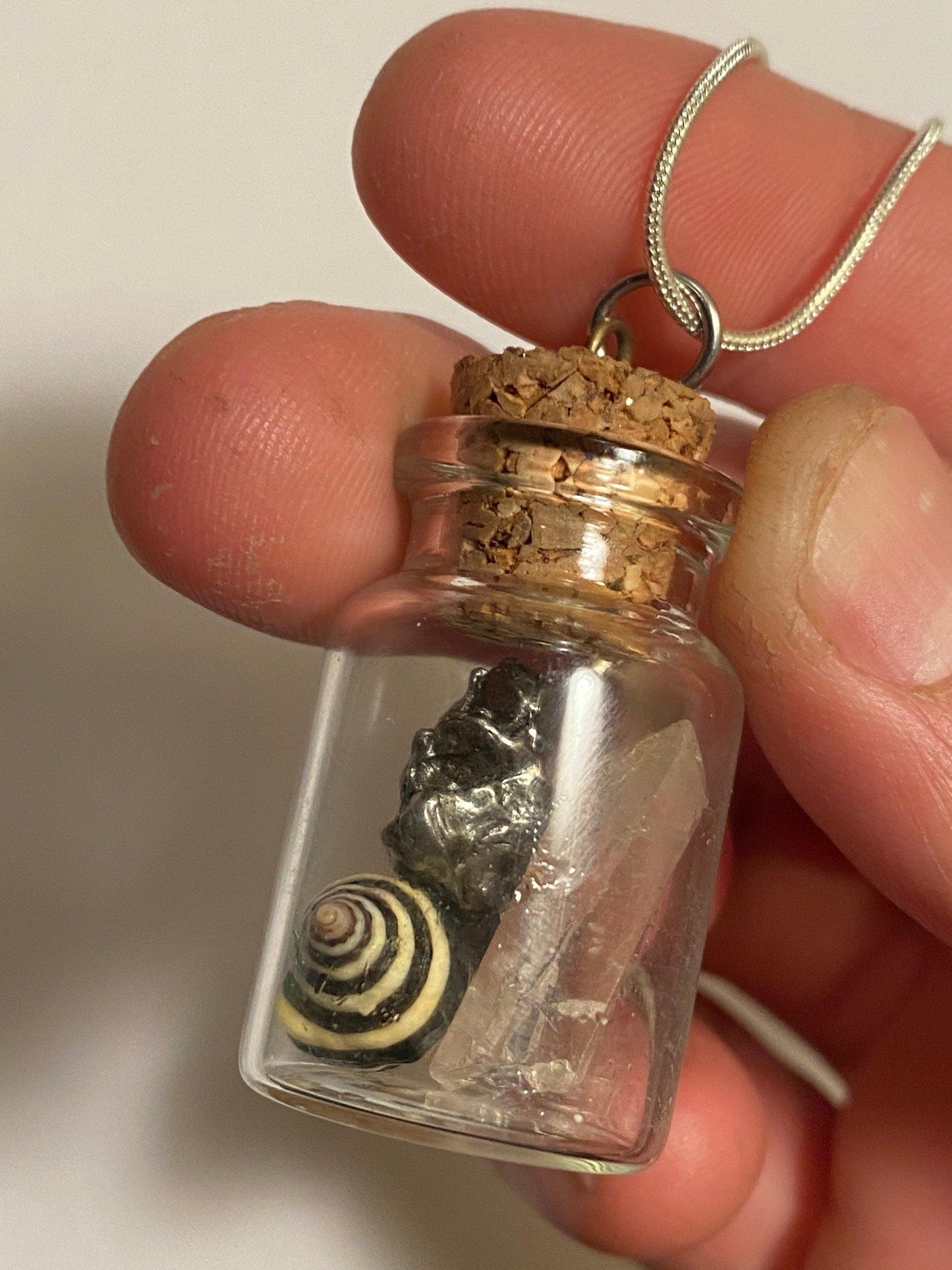 Earth, Water and Space in a Bottle Pendant (Himalayan Quartz, Beehive Shell, Meteorite)