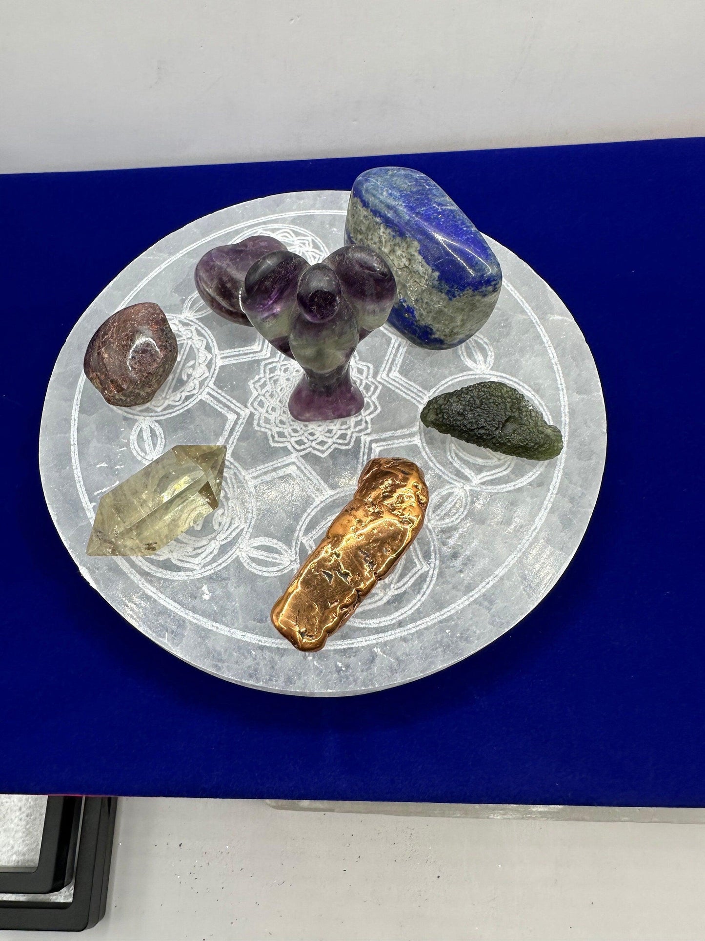 Selenite Seven Chakra Charging Plate, Crystal Grid Work, Energy Healing, Reiki, Flower of Life, smooth surfaces, 1 lb 4.9 ounces
