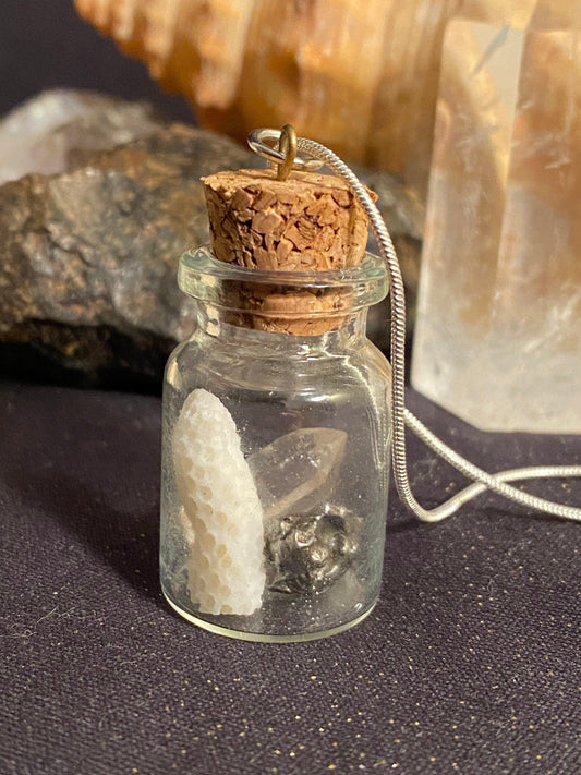 Earth, Water and Space in a Bottle Pendant (Himalayan Crystal, Coral, Meteorite)