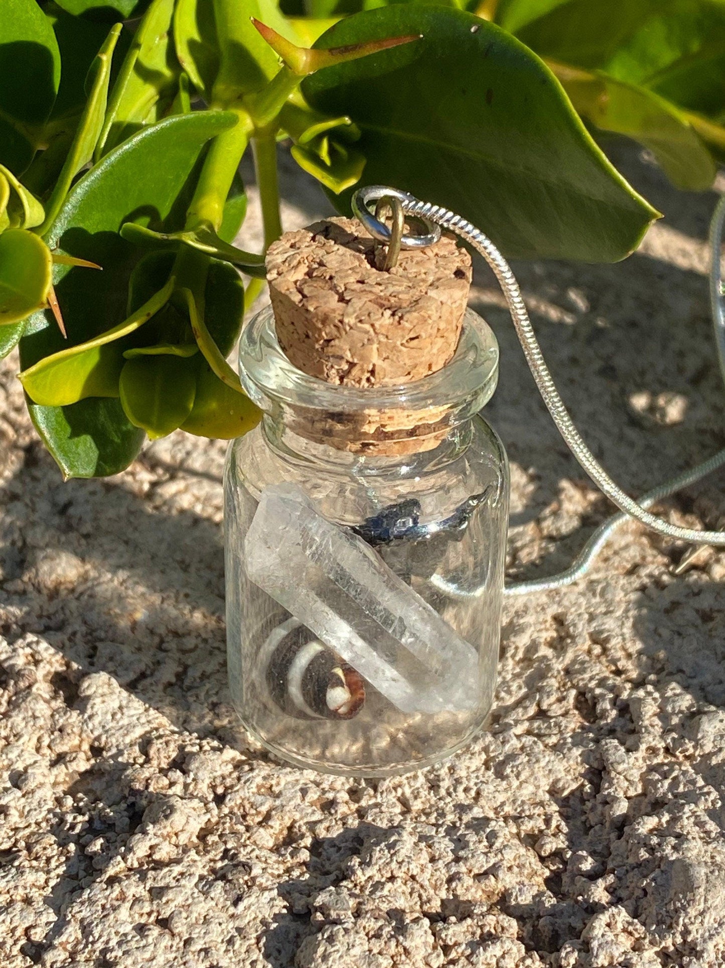 Earth, Water and Space in a Bottle Pendant (Himalayan Crystal, Beehive shell, Meteorite)