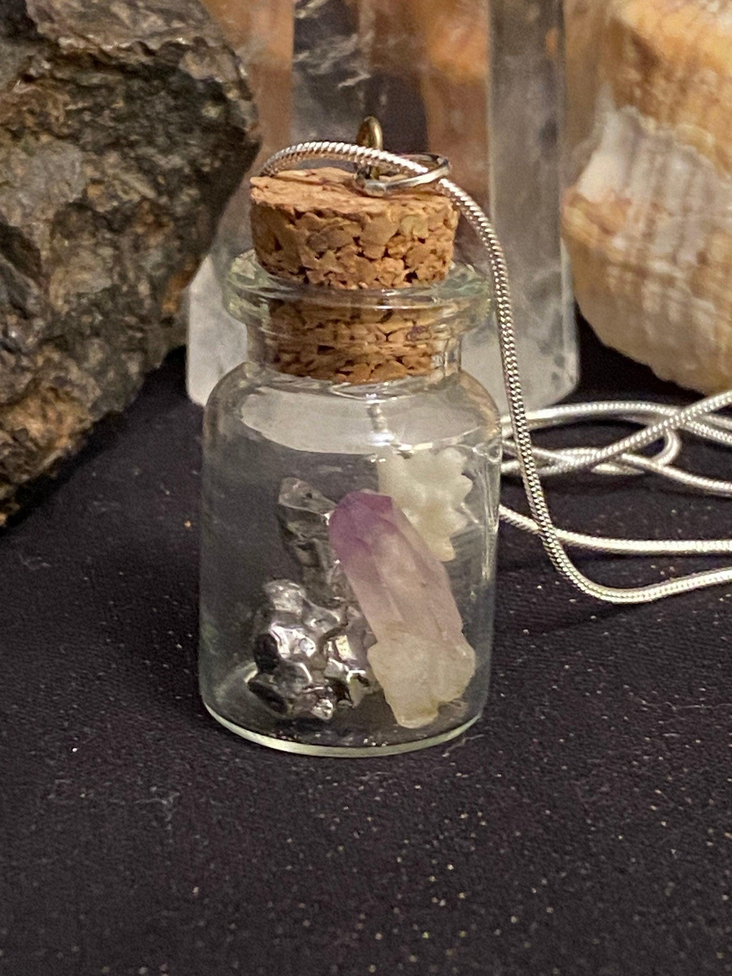 Earth, Water and Space in a Bottle Pendant, (Amethyst Crystal, White Coral, Meteorite)