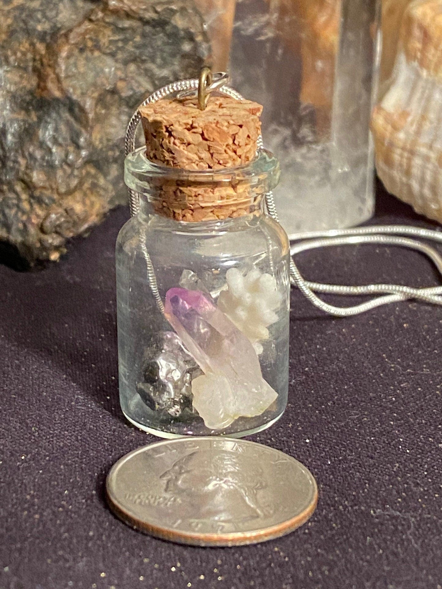 Earth, Water and Space in a Bottle Pendant, (Amethyst Crystal, White Coral, Meteorite)