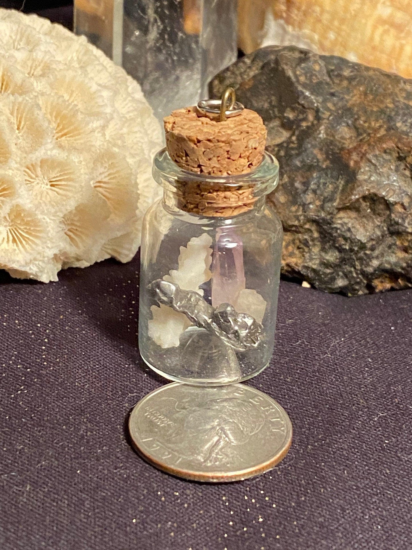 Earth, Water and Space in a Bottle Pendant, (Amethyst Crystal, White Coral, Meteorite)